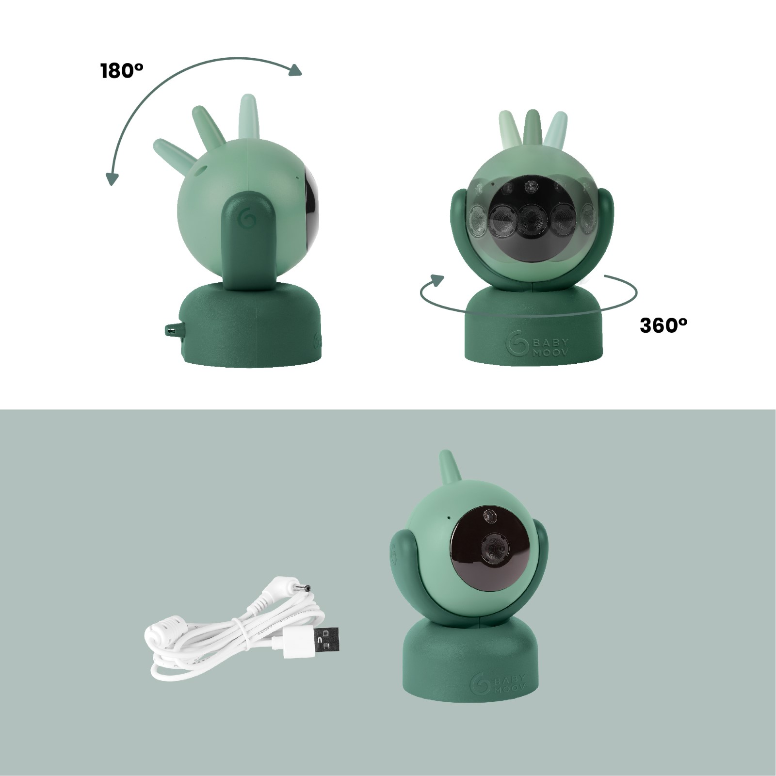 Grüner Babyphone-Monitor mit drehbarem Kopf und Stromkabel, zeigt 180- und 360-Grad-Ansichten.