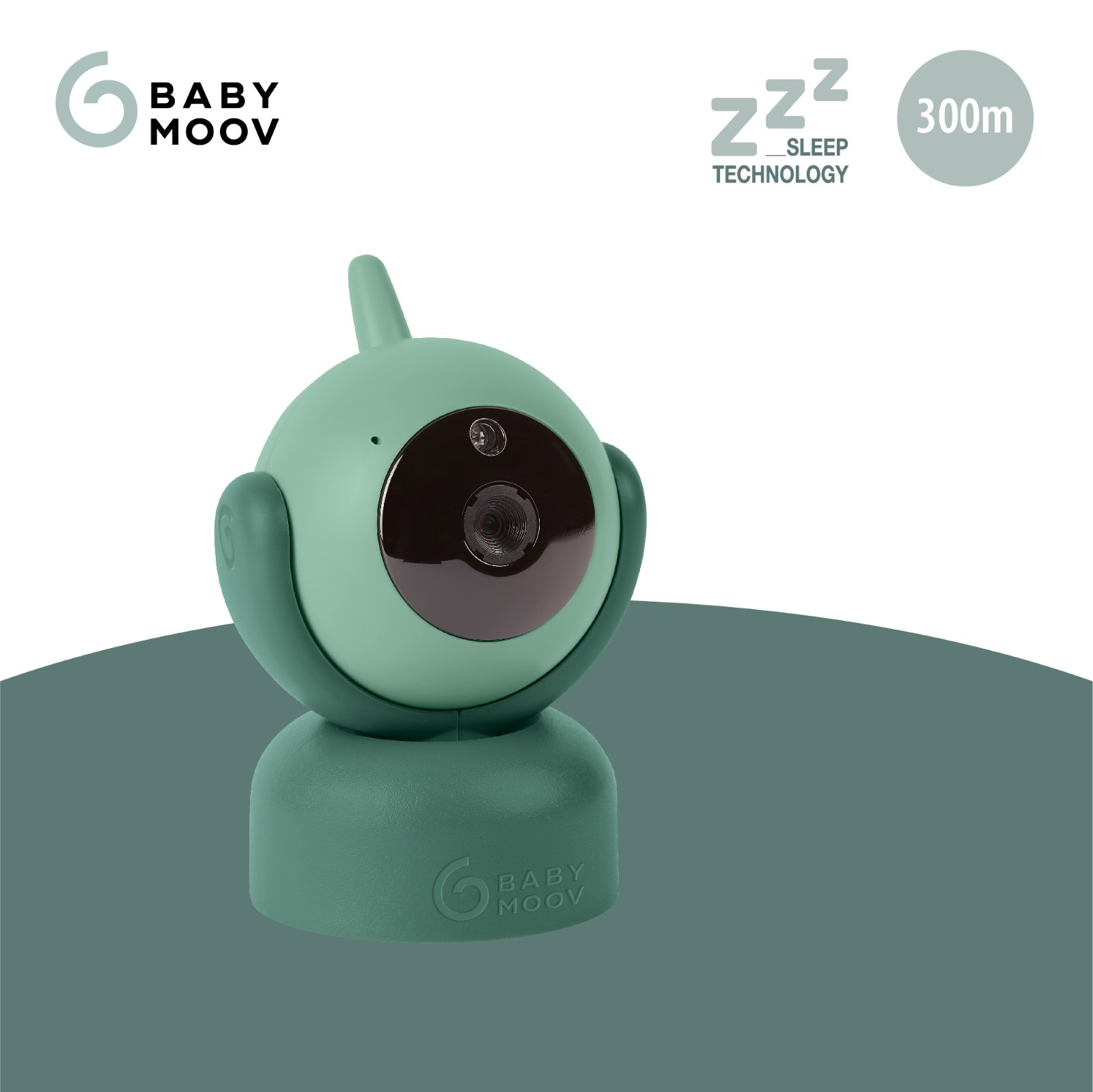Ein Babyphone, grün, mit rundem Kopf und Basis. Text sagt Baby Moov und 300m Reichweite.