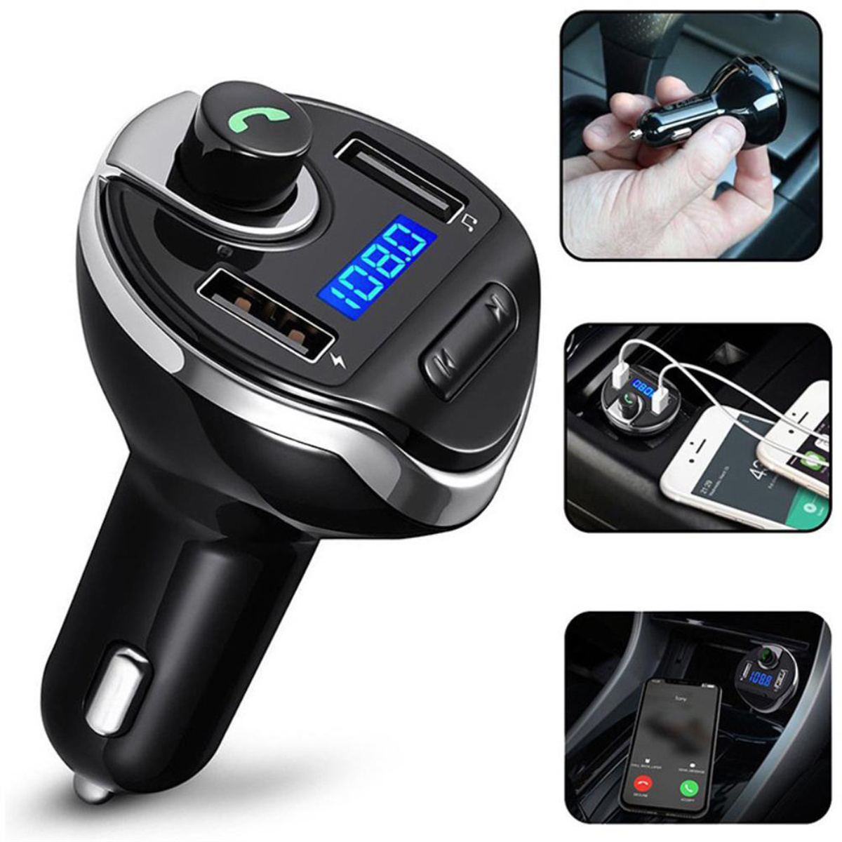 Ein schwarzer Auto-FM-Transmitter mit USB-Anschlüssen und Digitalanzeige, mit inset Bildern.