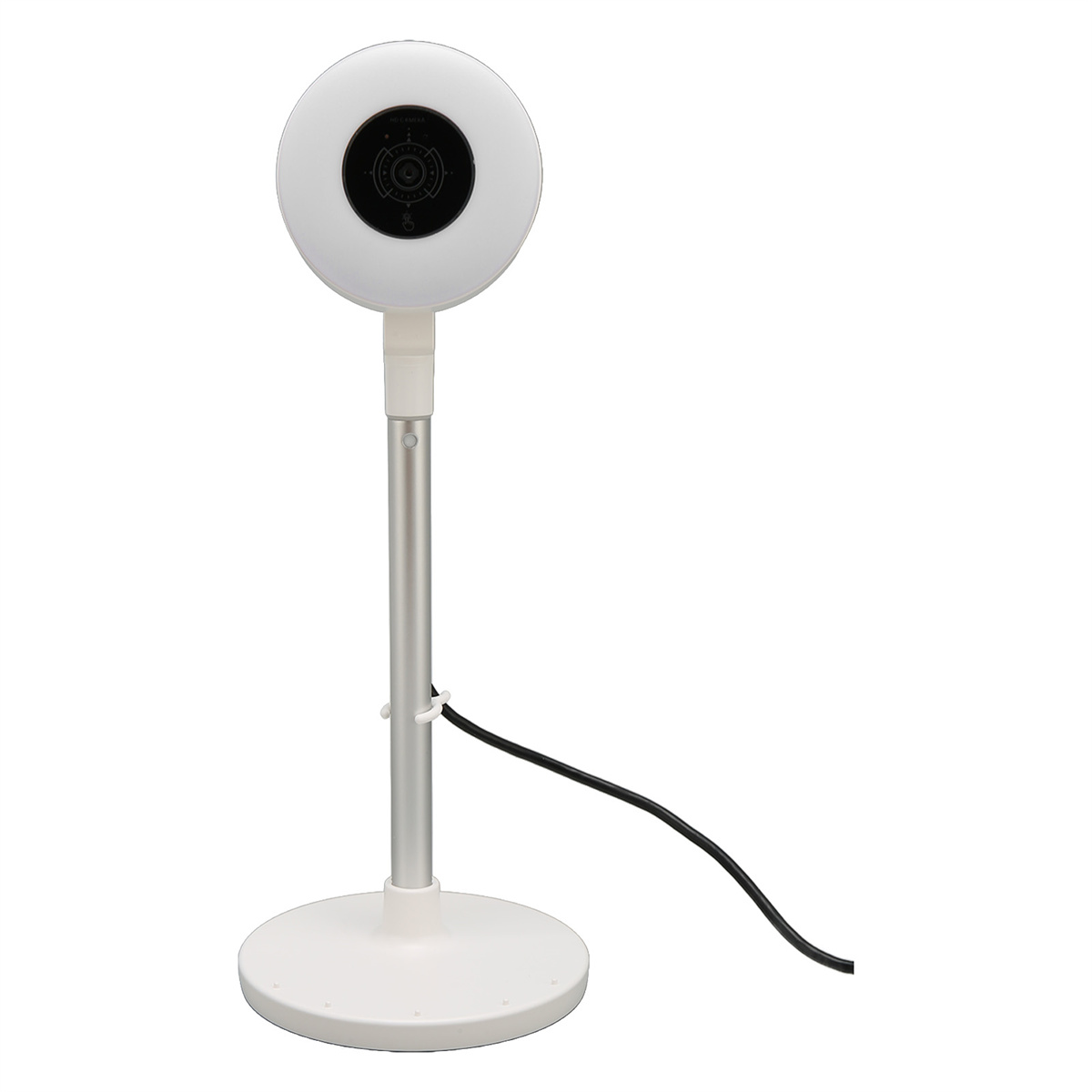 Eine weiße Webcam auf einem Ständer. Sie hat eine runde Kamera und ein schwarzes Kabel.