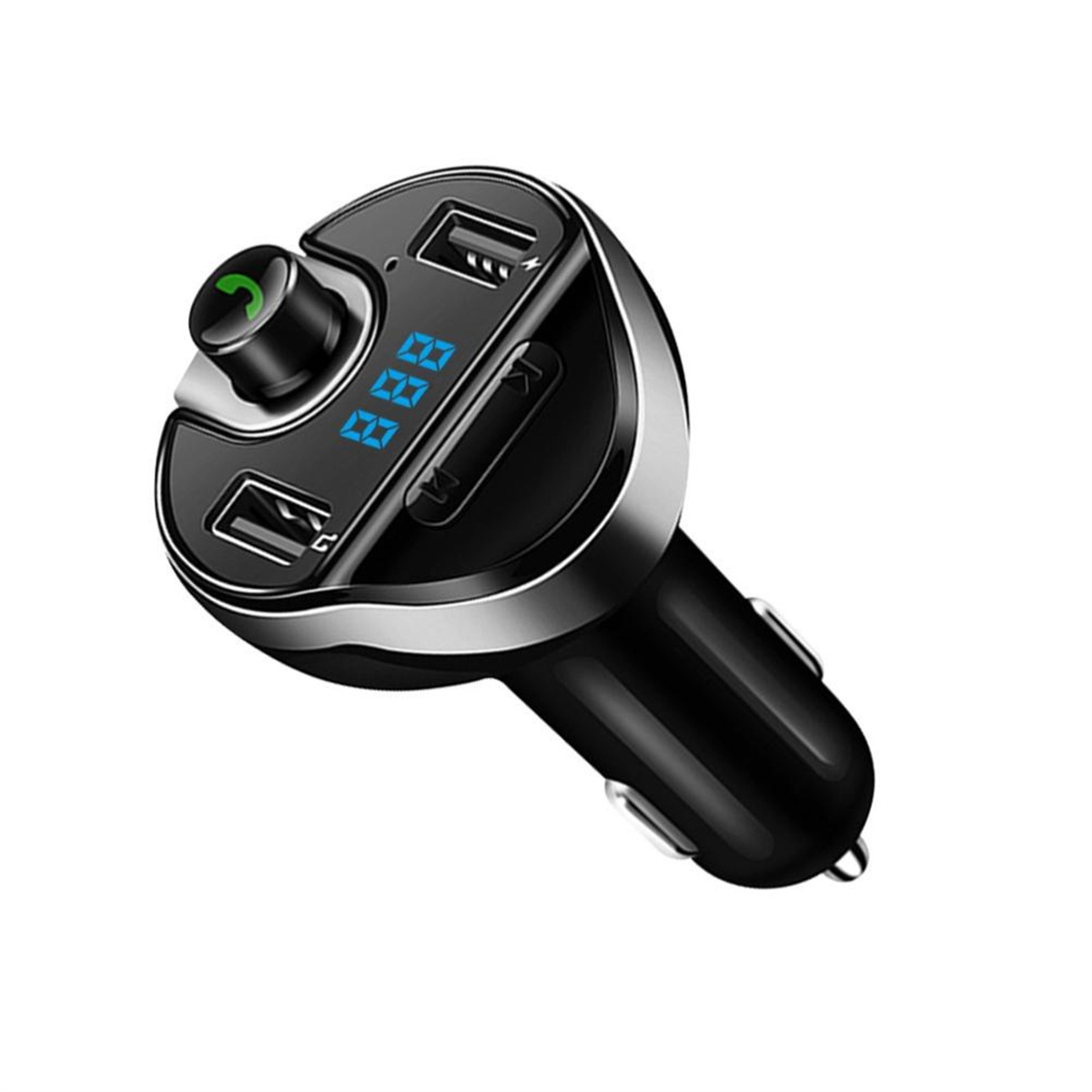 Ein schwarzes Autoladegerät mit USB-Anschlüssen und digitaler Anzeige. Das Ladegerät ist angewinkelt.