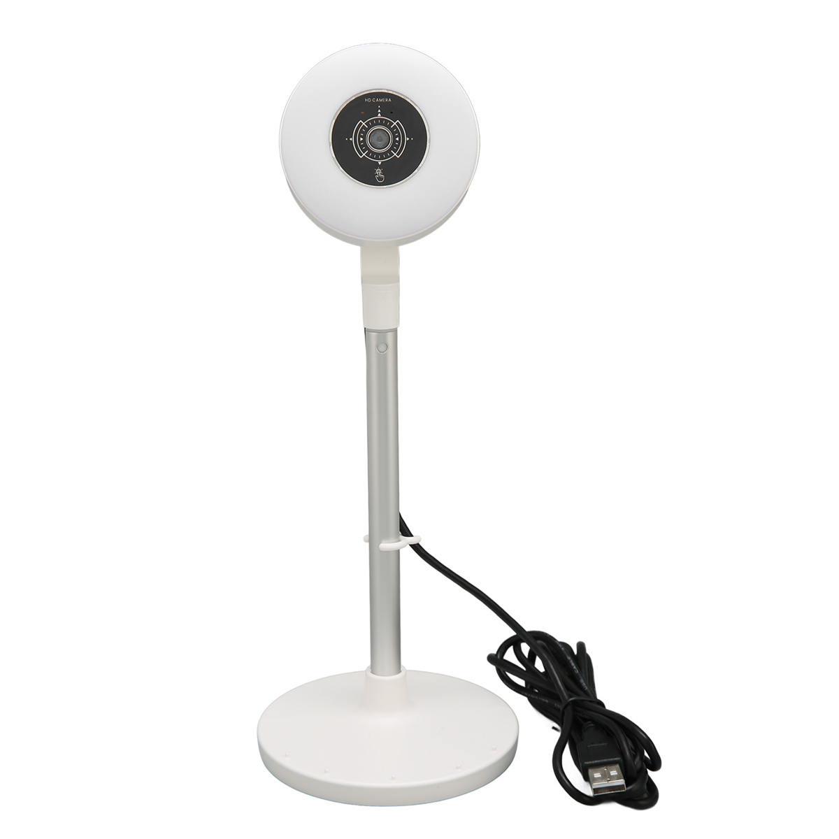 Weiße Webcam auf Ständer. Schwarzes Kabel. Weiße Basis. Weißer Hintergrund.