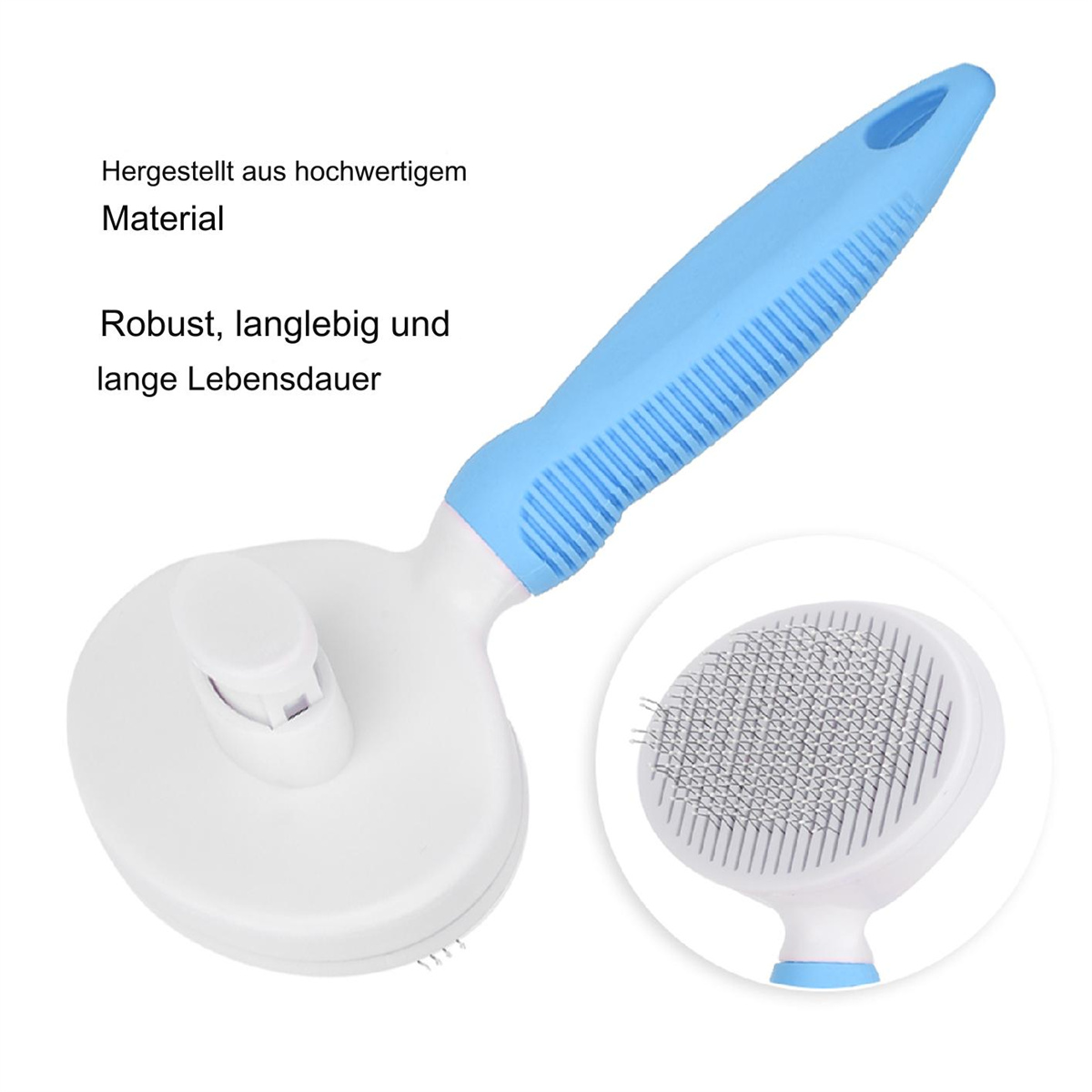 Eine blau-weiße Tierbürste mit Text über ihre Eigenschaften.