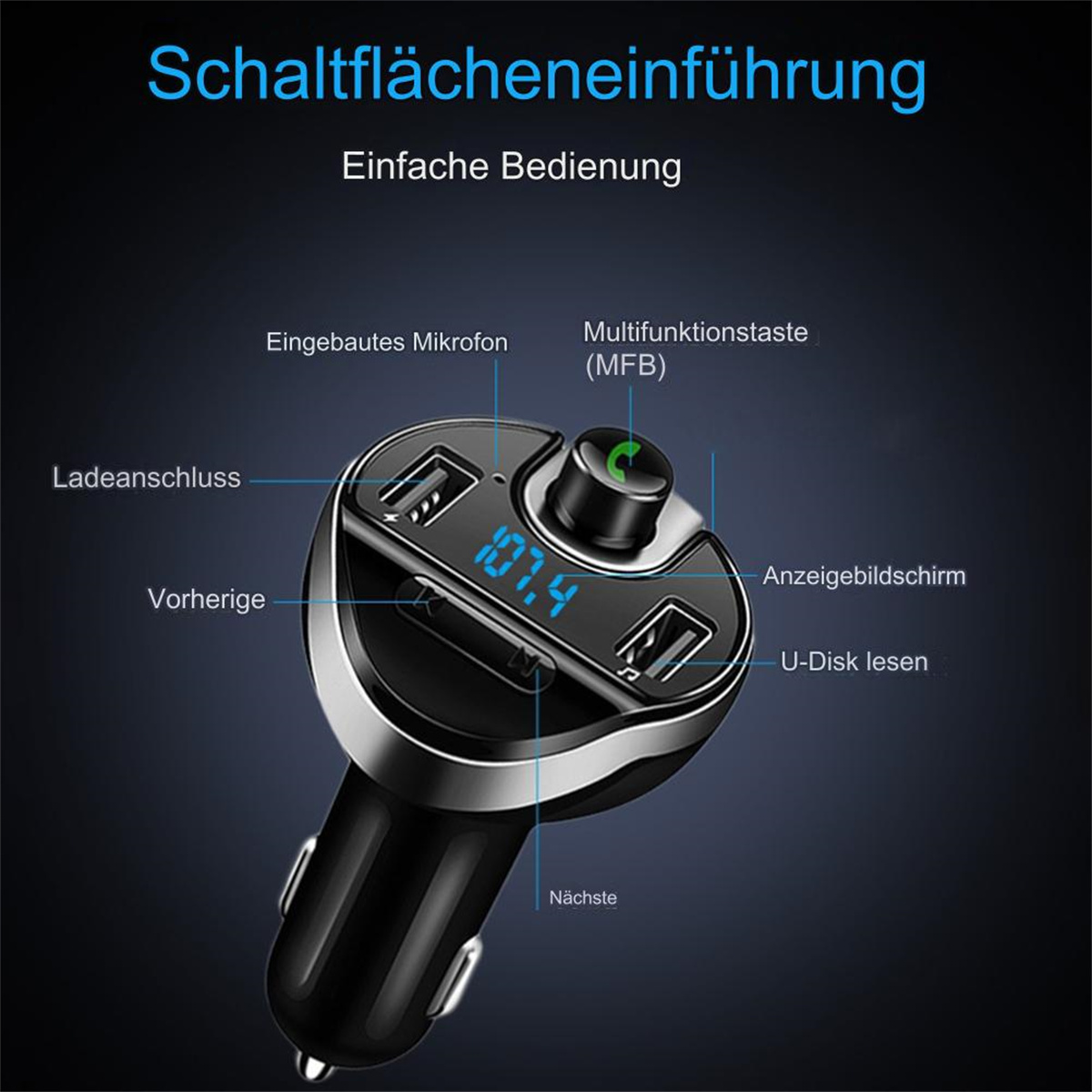 Autoladegerät mit mehreren USB-Anschlüssen, Bildschirm mit Zahlen und deutschen Beschriftungen.