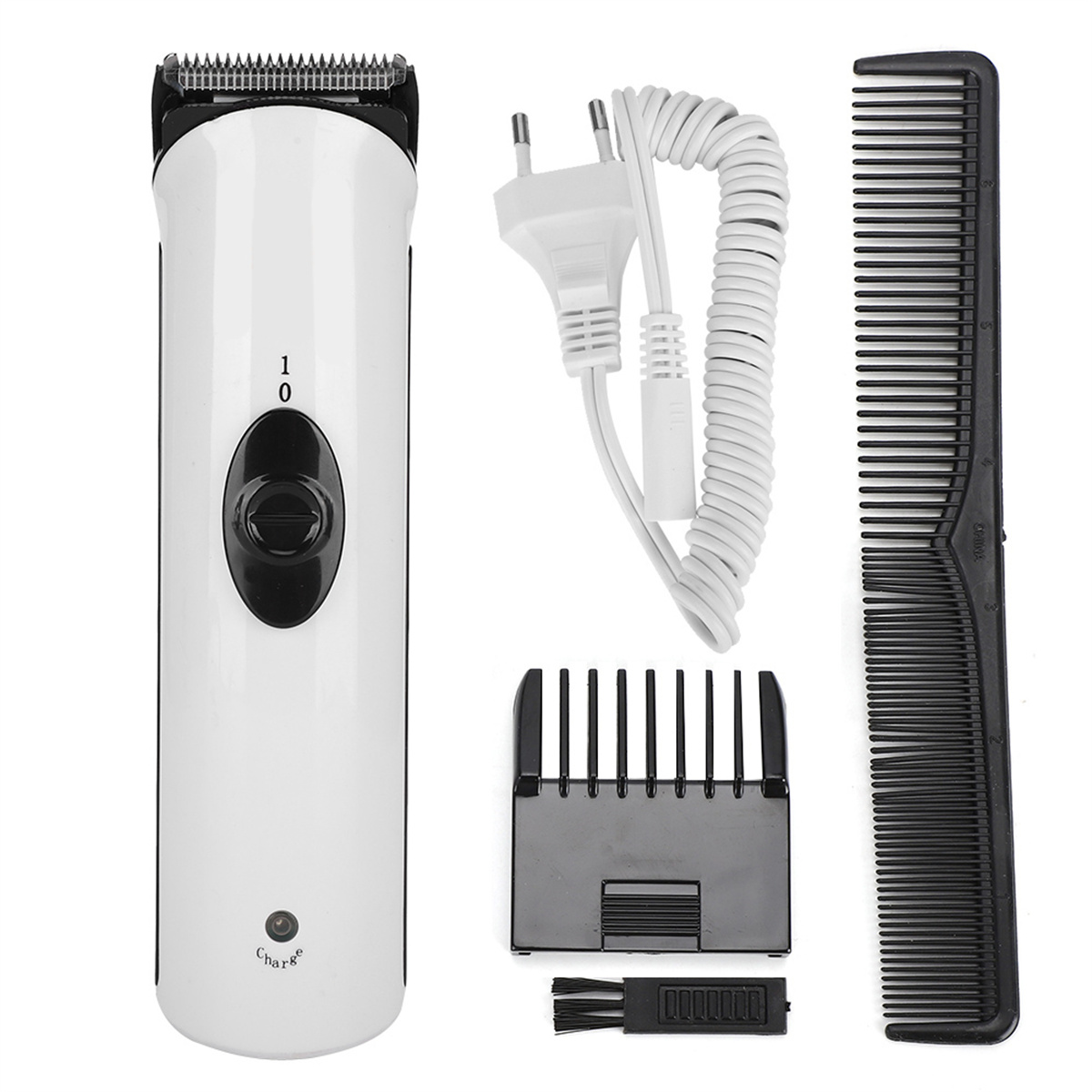 Weißer und schwarzer Haarschneider mit Zubehör: Kamm, Aufsätze, Bürste und Netzkabel.