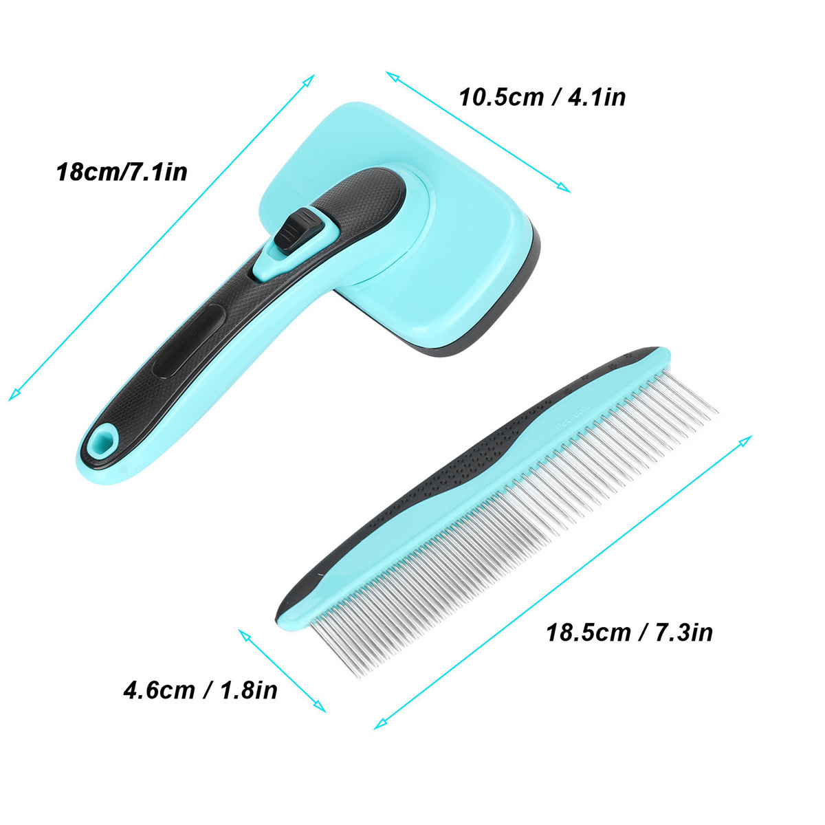 Tierpflege-Set: blaue Bürste und Kamm. Bürste ist 18 cm, Kamm ist 18,5 cm. Beide befinden sich auf weißem Hintergrund.