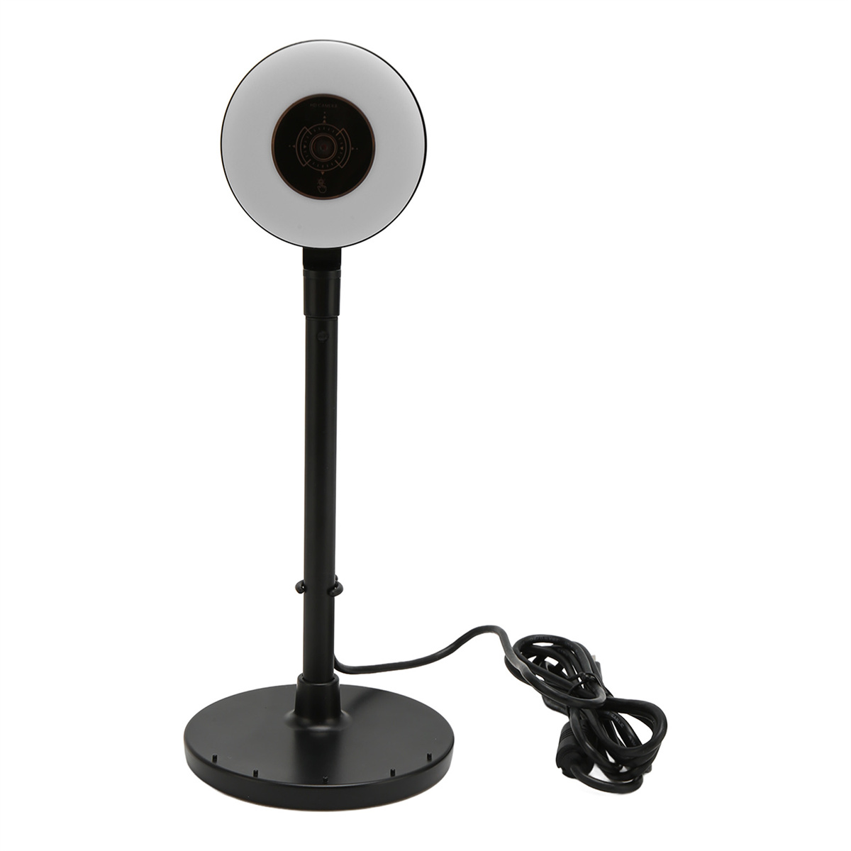 Eine schwarze Schreibtischlampe mit kreisförmigem Licht und Ständer.
