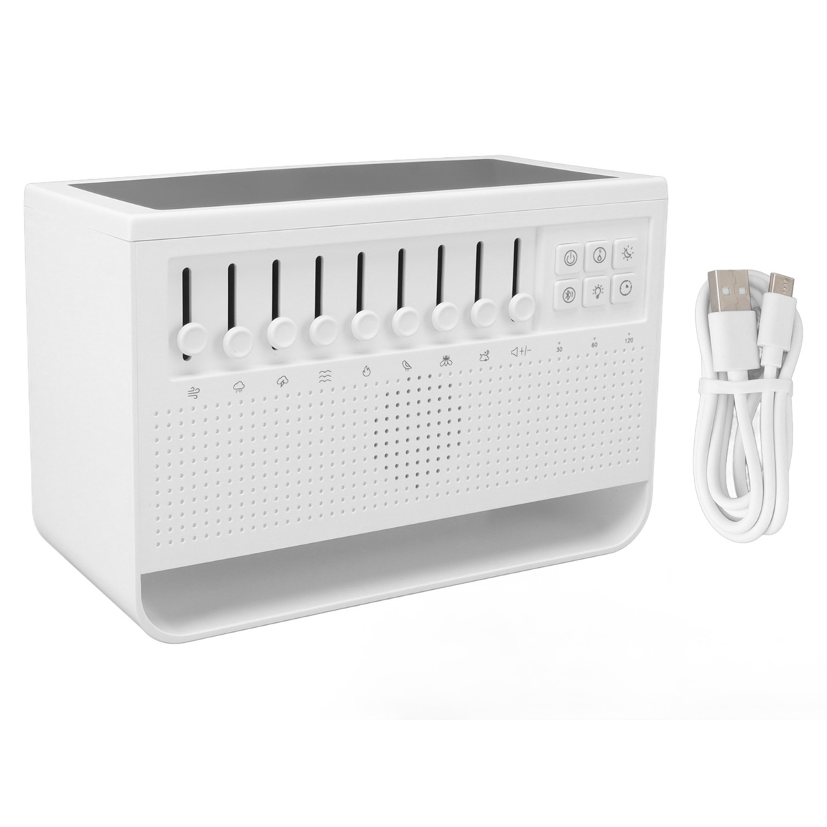 Weiße Soundmaschine mit Knöpfen und Display. Weißes USB-Kabel. Schwarze Oberseite und abgerundete Kanten.