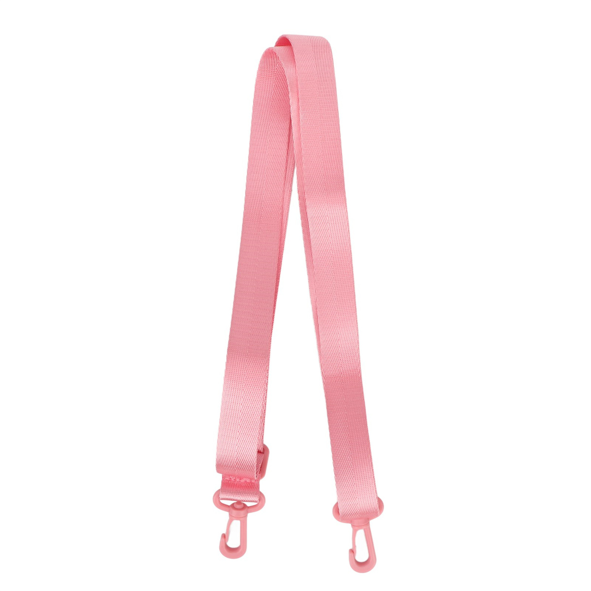 Ein rosa Schultergurt mit Haken an beiden Enden, der vor einem weißen Hintergrund hängt.