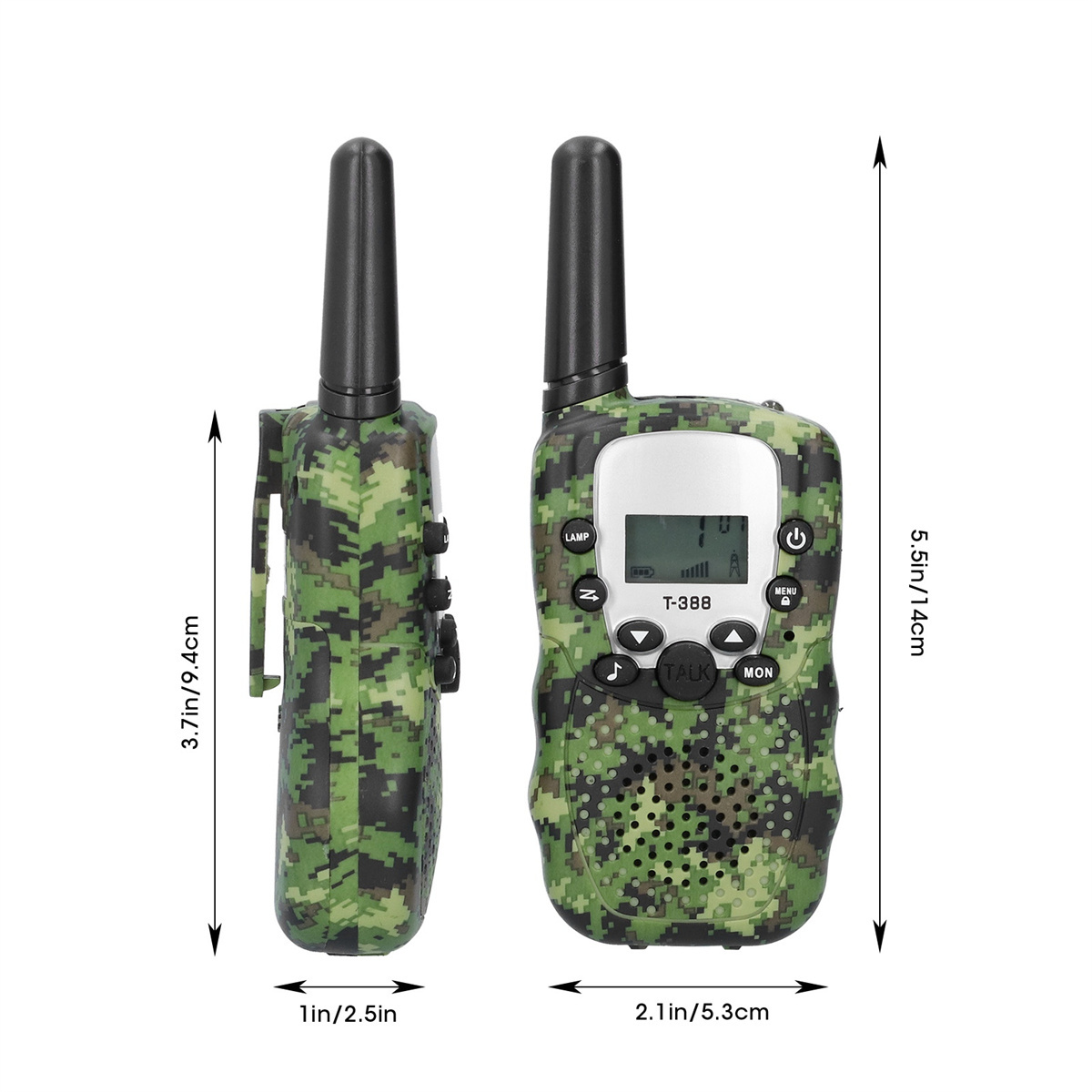 Zwei grüne Tarn-Walkie-Talkies mit Maßen. Weißer Hintergrund.