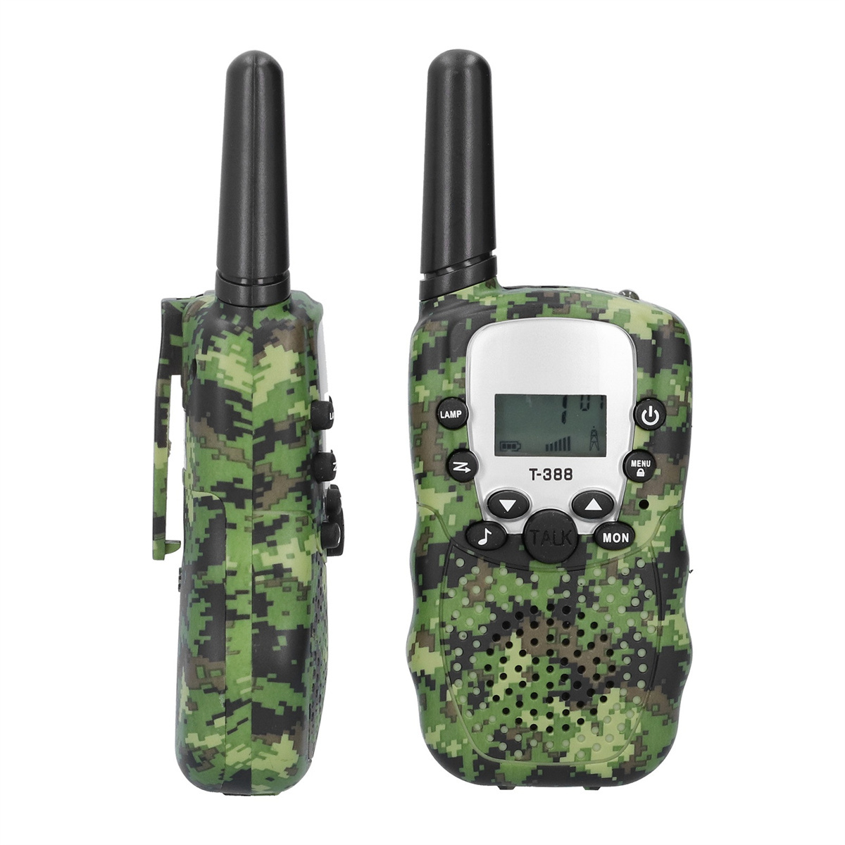 Zwei grüne Tarn-Walkie-Talkies. Eine Seitenansicht, die andere zeigt die Vorderseite mit Knöpfen und einem Bildschirm.