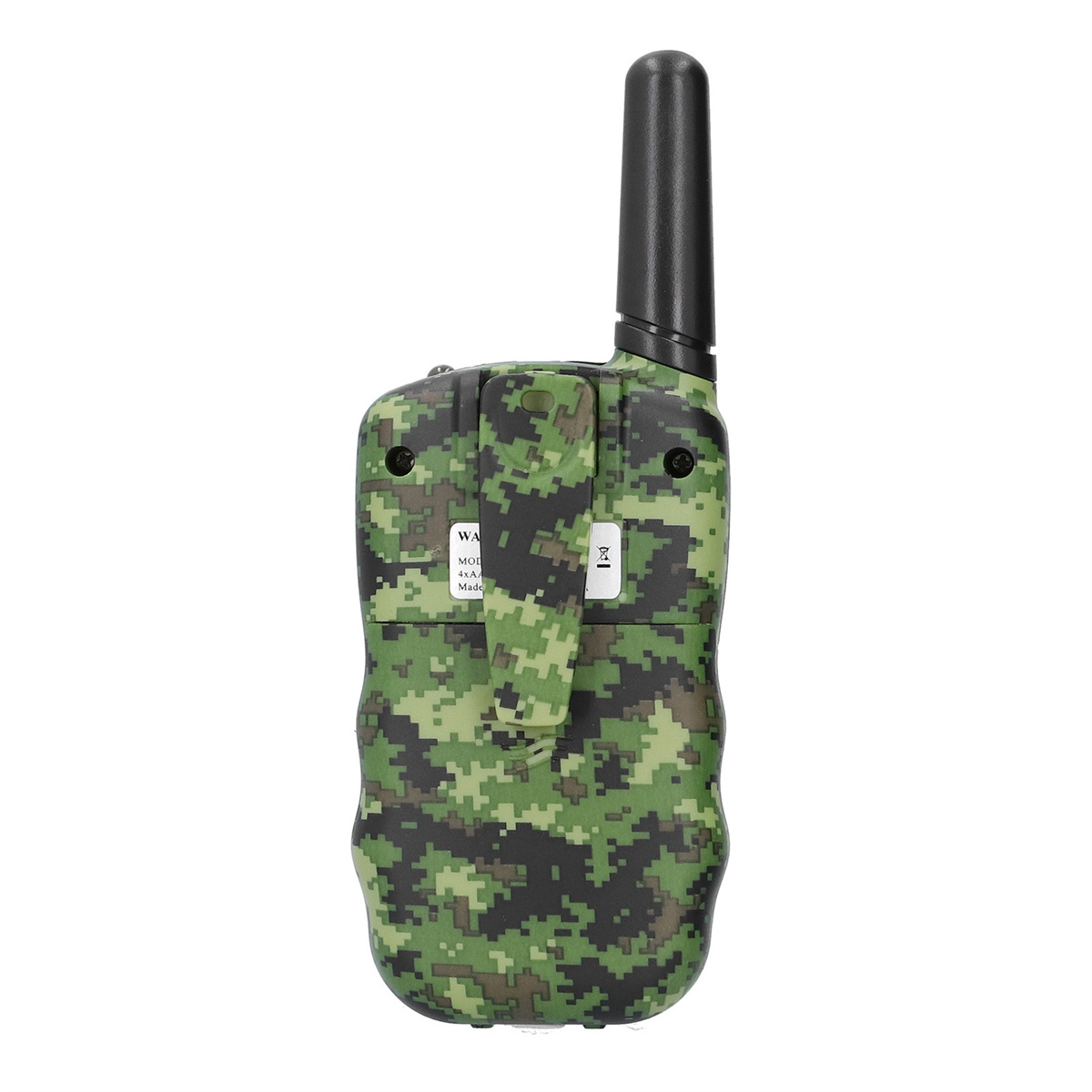Tarnmuster Walkie-Talkie-Gerät mit Antenne, Seitenansicht mit Knöpfen und Clip.