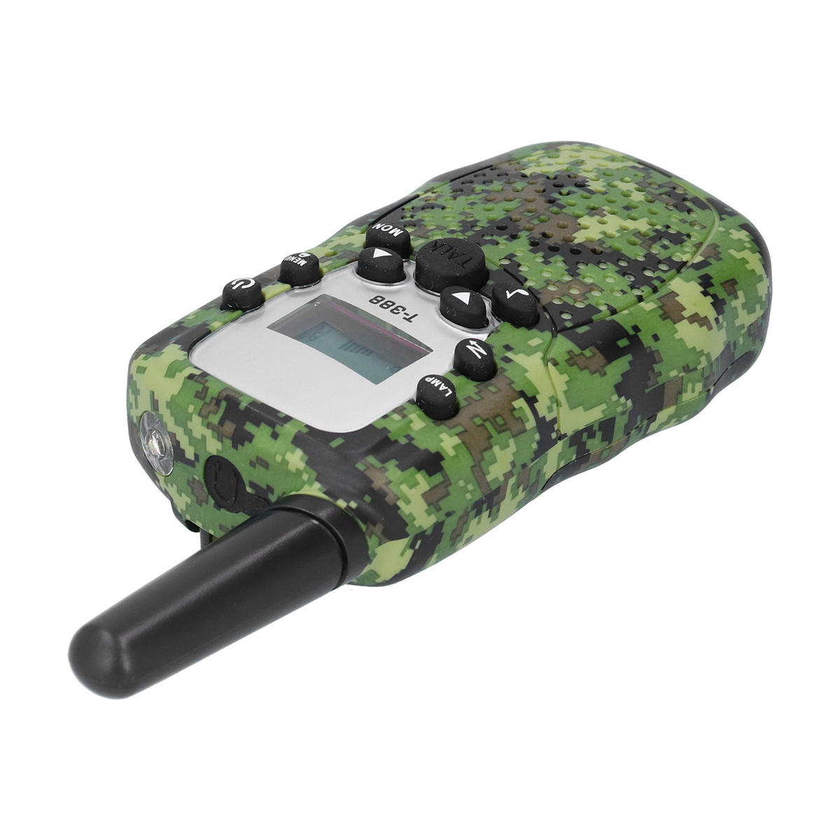 Tarnmuster-Walkie-Talkie. Es hat eine schwarze Antenne und Knöpfe sowie ein kleines Display.