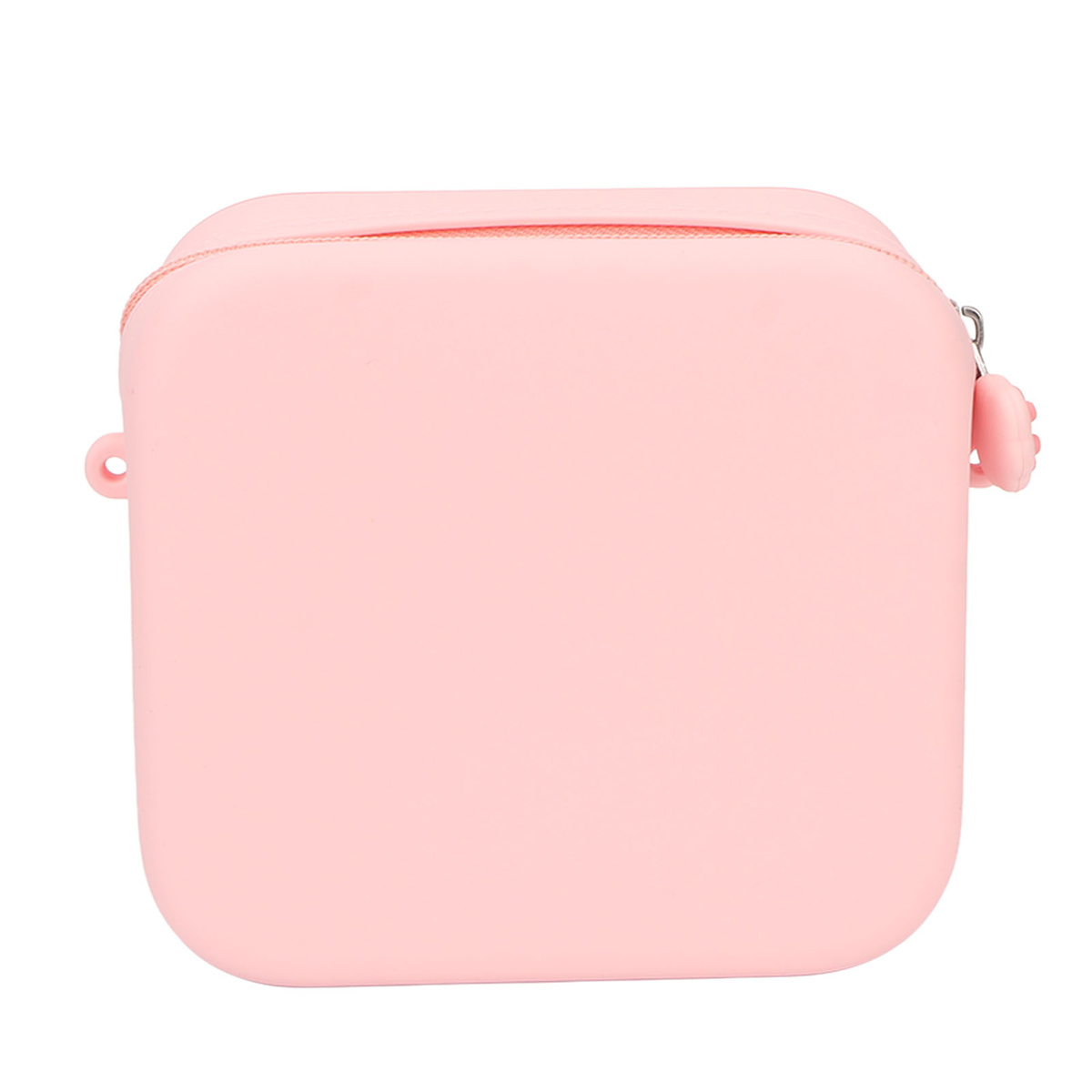 Rosa quadratische Tasche mit Reißverschluss und kleinem Griff.
