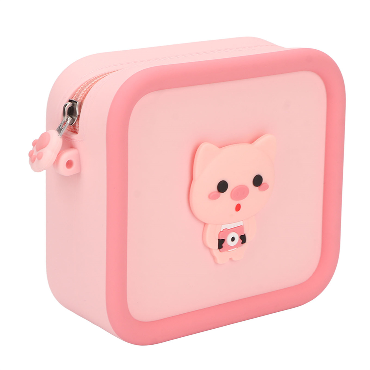 Ein rosa quadratisches Etui mit Reißverschluss, einem Cartoon-Schwein mit Kamera und Pfoten-Reißverschluss.