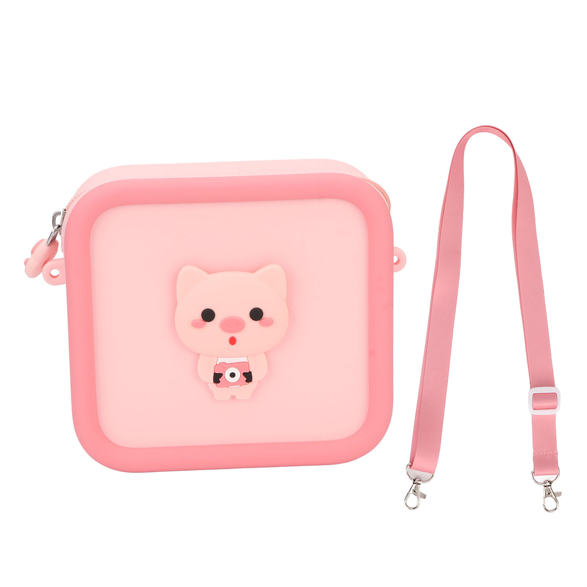 Rosa quadratische Tasche mit einem Cartoon-Schwein darauf und einem rosa Riemen. Die Tasche hat einen Reißverschluss.