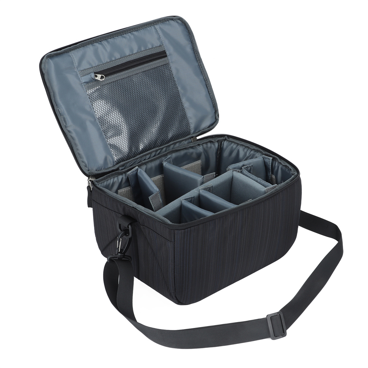 Schwarze Kameratasche, geöffnet, mit Trennwänden, Schultergurt und Reißverschlusstasche.