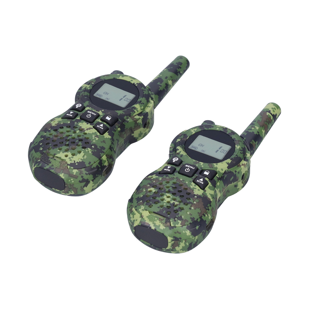 Zwei Tarn-Walkie-Talkies mit Digitalanzeigen, Antennen und Bedientasten auf einer weißen Oberfläche.
