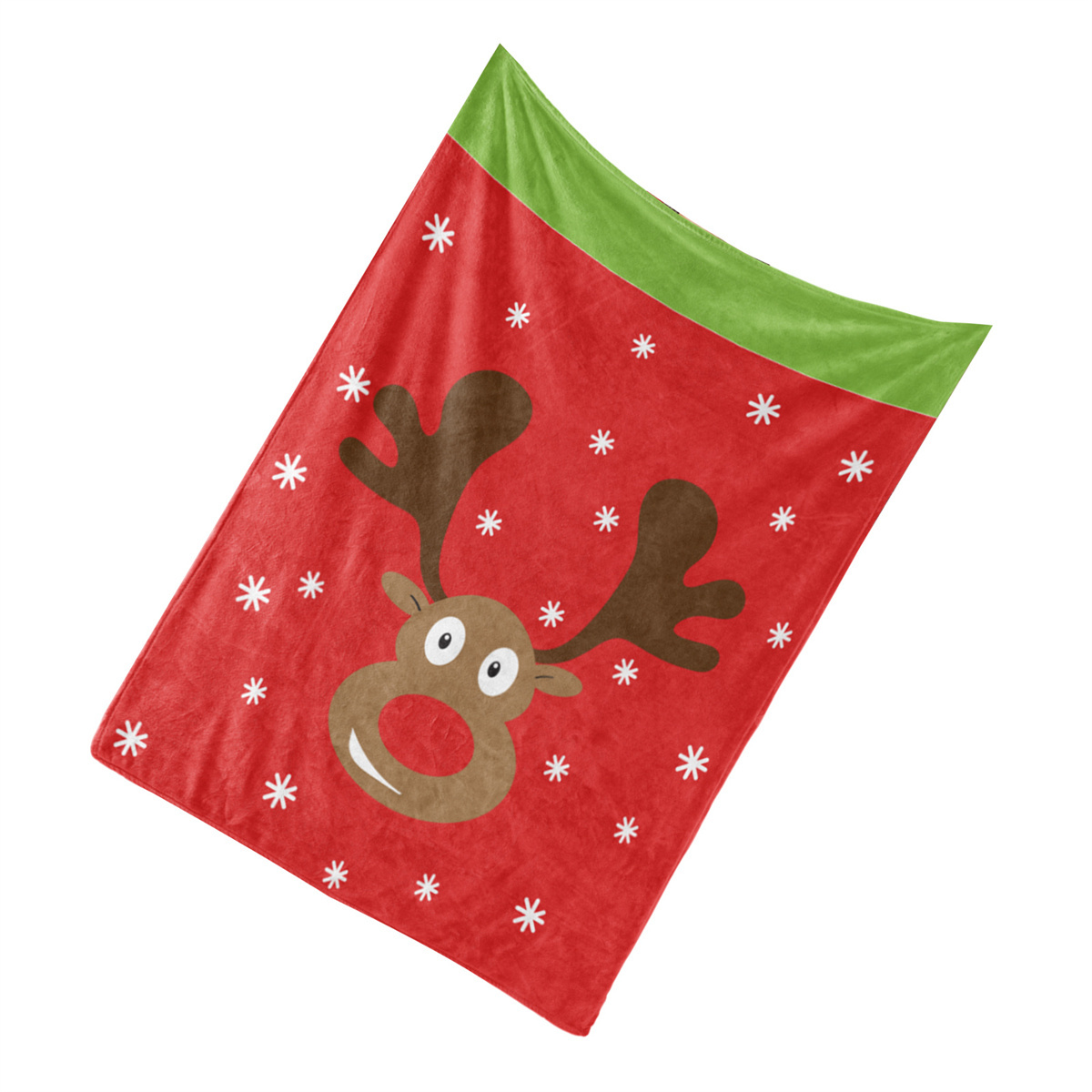 Rote Weihnachtsdecke mit Rentiergesicht und Schneeflocken.
