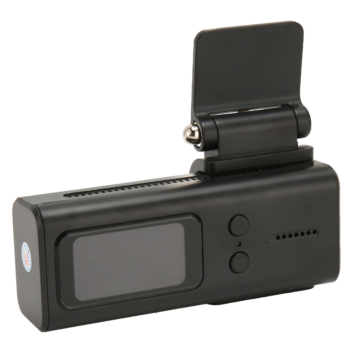 Schwarze Dashcam mit Bildschirm, Knöpfen und verstellbarer Halterung, klare, detaillierte Ansicht.