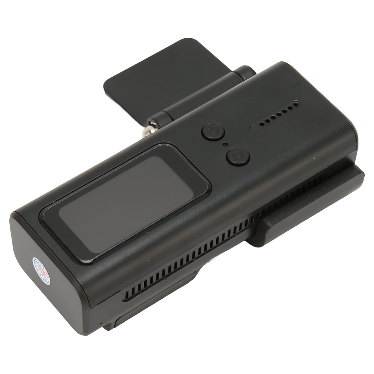 Ein schwarzes, tragbares Gerät mit einem kleinen Bildschirm, zwei Tasten und Lüftungsschlitzen, wahrscheinlich ein Gadget oder eine elektronische Komponente.