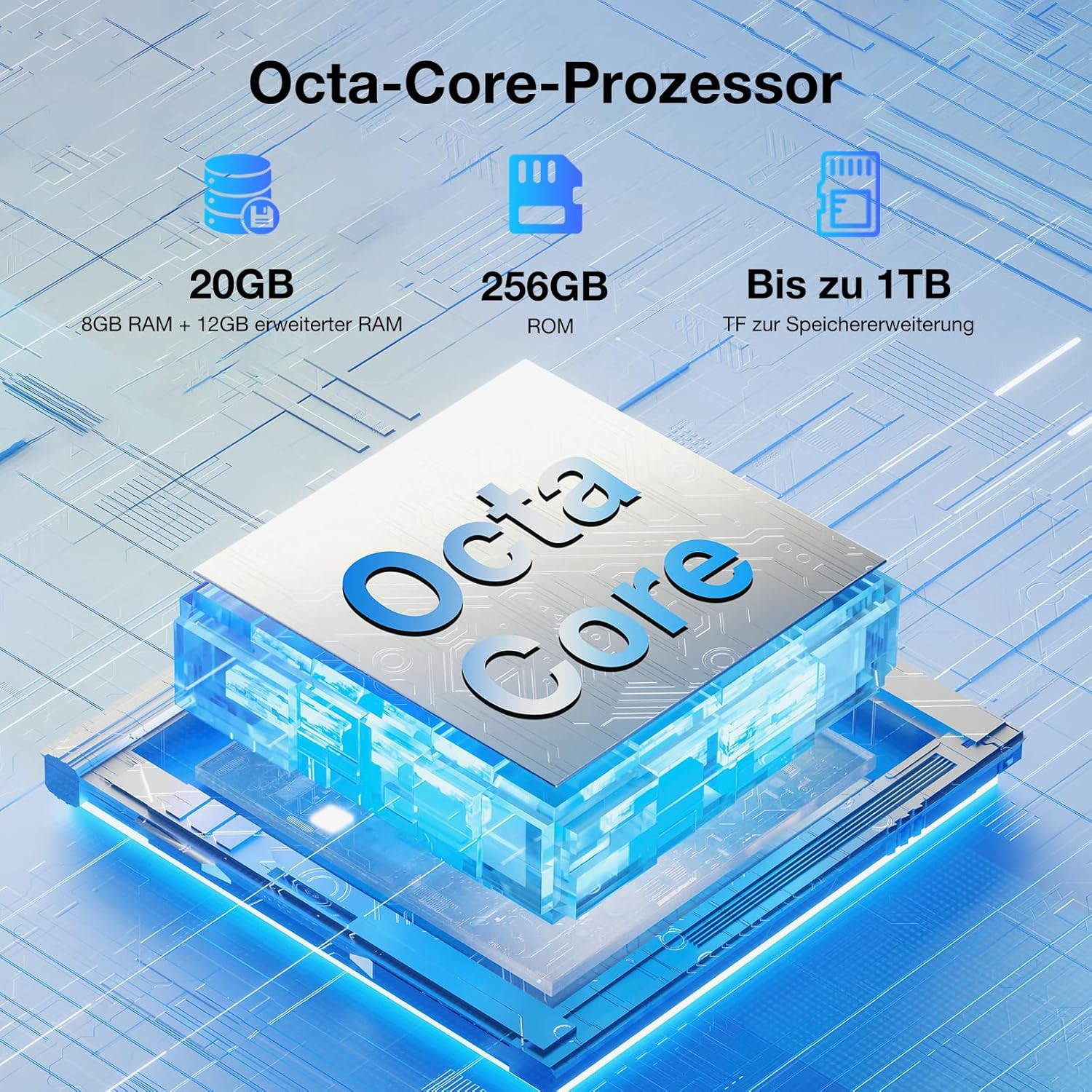 Ein Bild, das einen Octa-Core-Prozessor mit Speicherdetails in modernem Design zeigt.