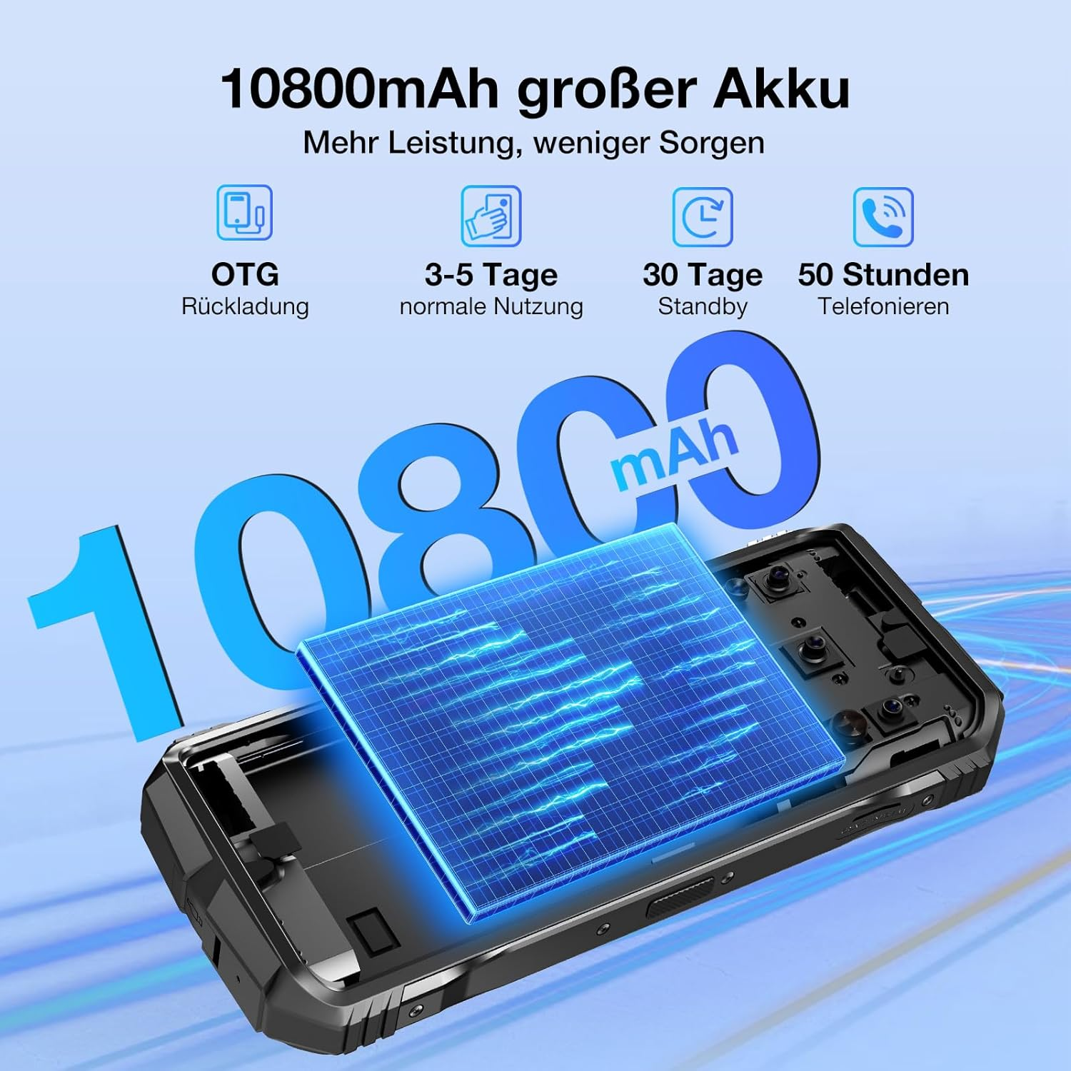 Telefon mit Batterieinfo und Text auf schwarzem Gehäuse. Blauer und schwarzer Farbverlaufhintergrund.