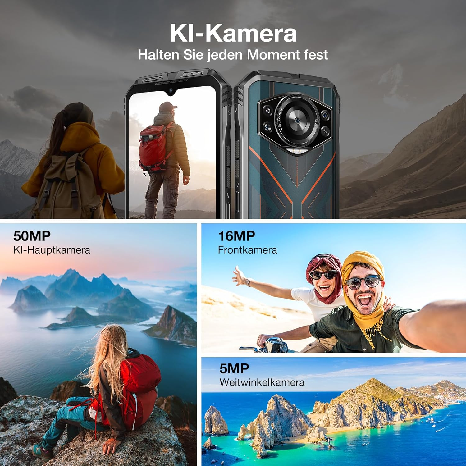Smartphone mit mehreren Kameraanzeigen. Im Hintergrund sind Menschen zu sehen, die die Landschaft genießen.