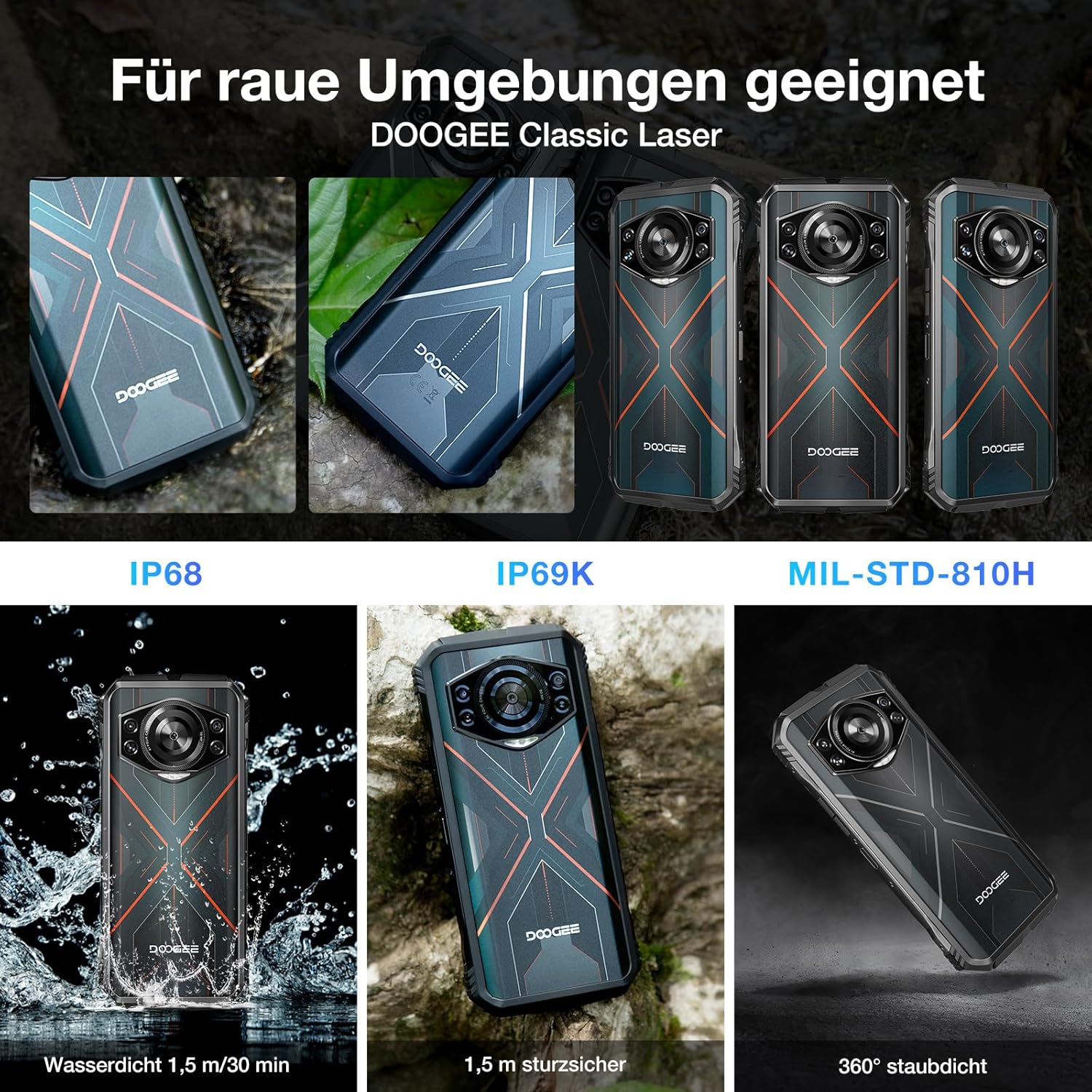DOOGEE Outdoor-Smartphones, die Haltbarkeitseigenschaften wie Wasser- und Stoßfestigkeit zeigen.