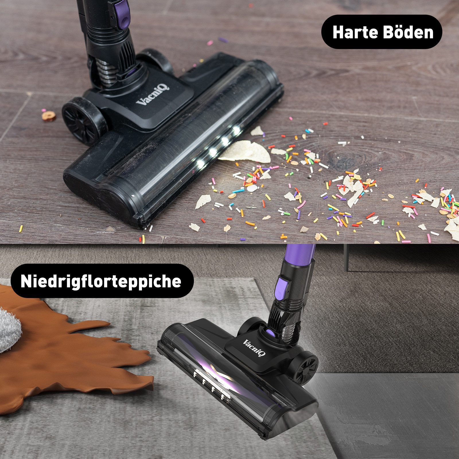 Staubsaugerkopf auf verschiedenen Oberflächen. Oben: Harte Böden. Unten: Kurzflor-Teppich. Text auf Deutsch.