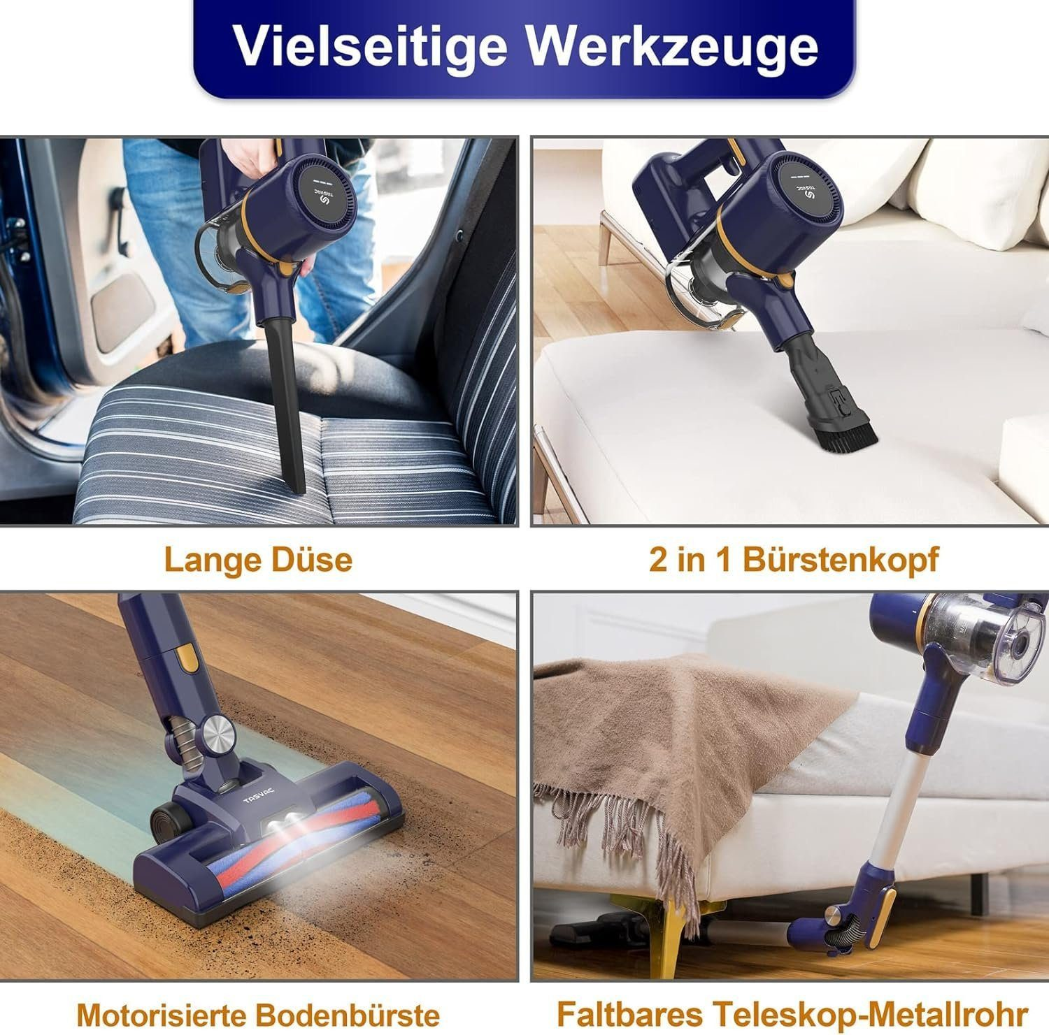 Vier Bilder eines blau-schwarzen Staubsaugers mit verschiedenen Aufsätzen.