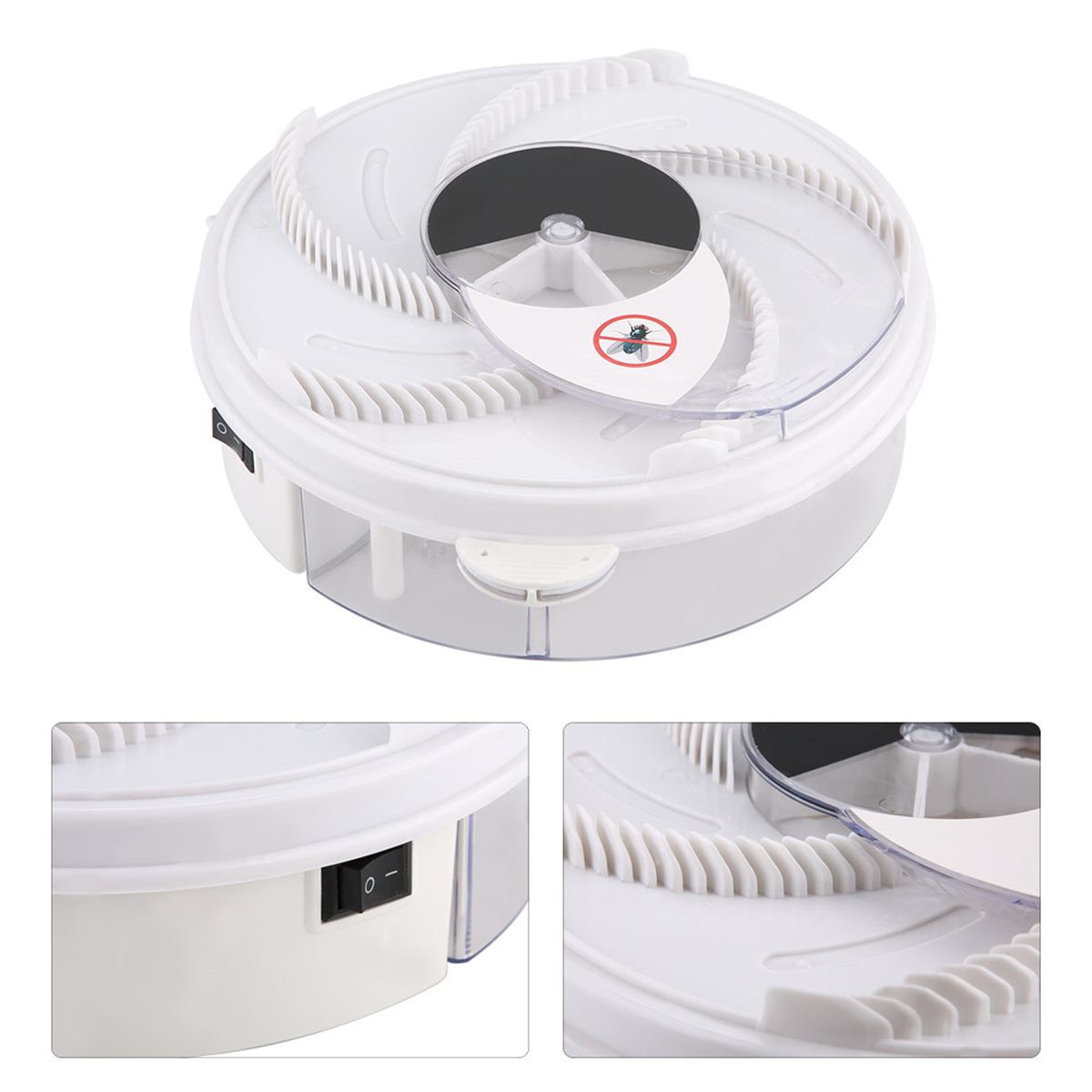 Weißer, kreisförmiger Insektenvernichter mit Ventilator und zwei Detailaufnahmen.