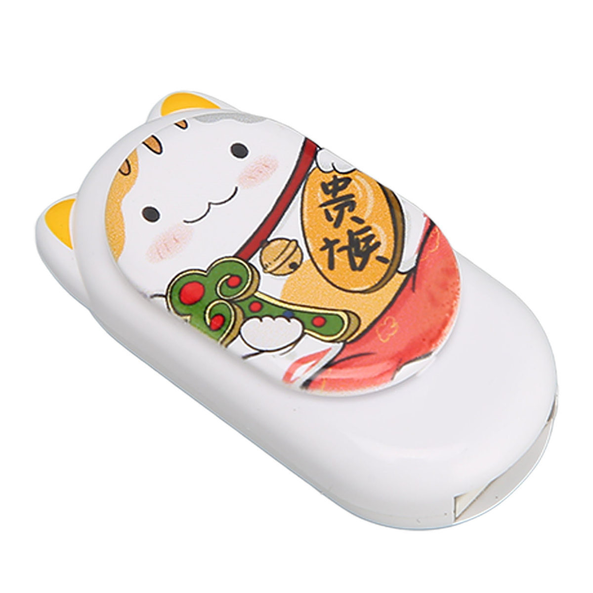Weißes katzenförmiges Etui mit Cartoon-Katze oben. Es hat gelbe Ohren und ein rotes Band.