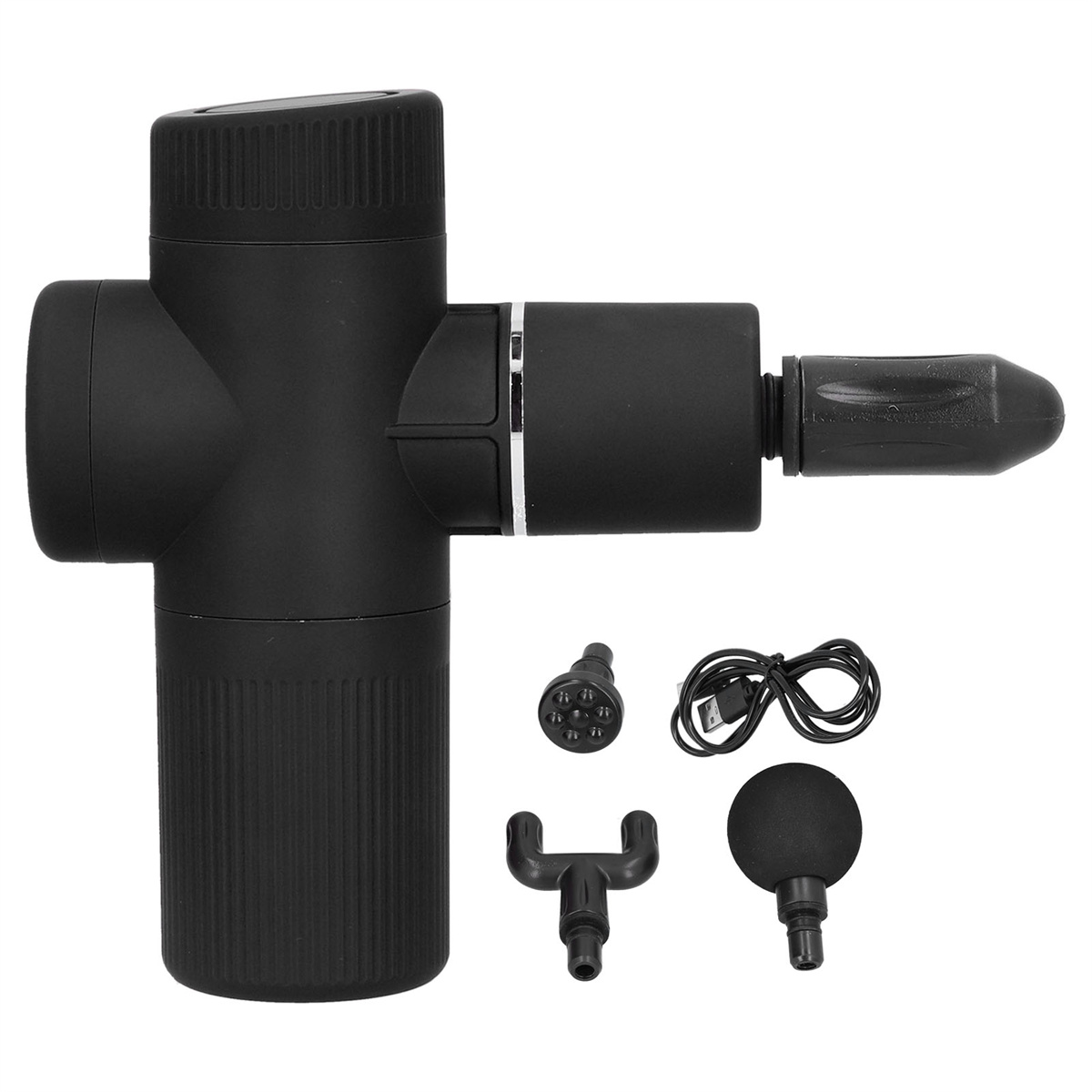 Eine schwarze Massagepistole mit mehreren Aufsätzen und einem Ladekabel.