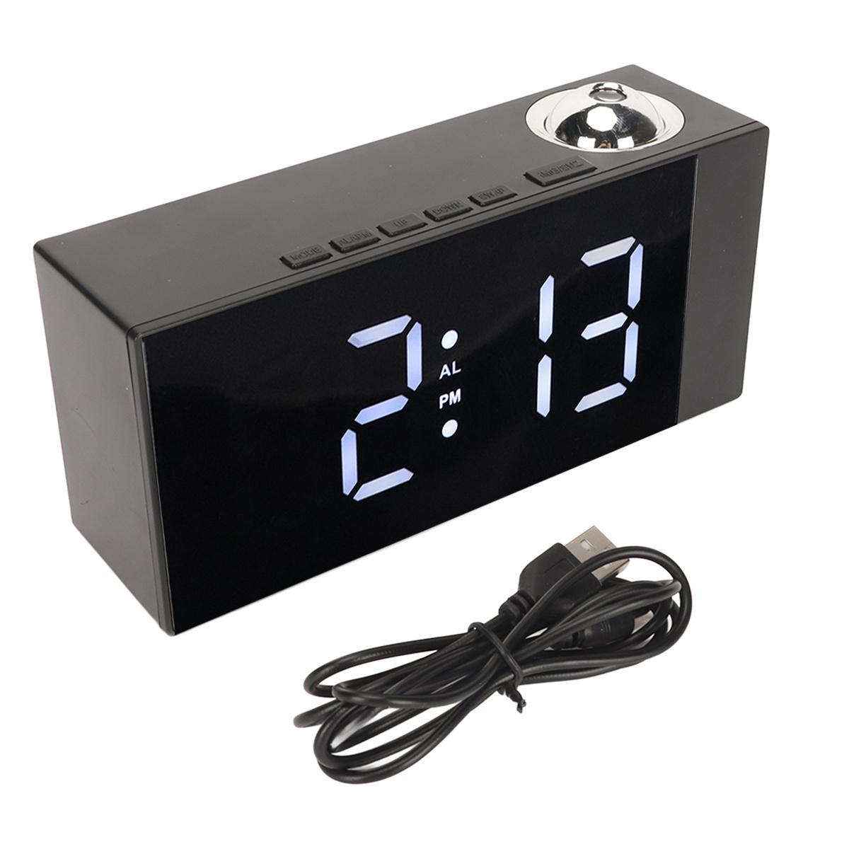 Schwarzer Digitalwecker, der 2:13 Uhr morgens anzeigt, mit einem USB-Kabel und einem Projektionslicht oben.