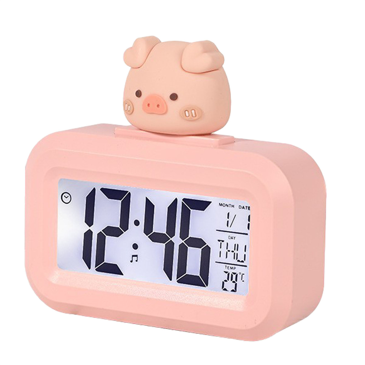 Rosa digitaler Wecker mit Schwein oben. Zeit: 12:46, Datum und Temperatur werden angezeigt.