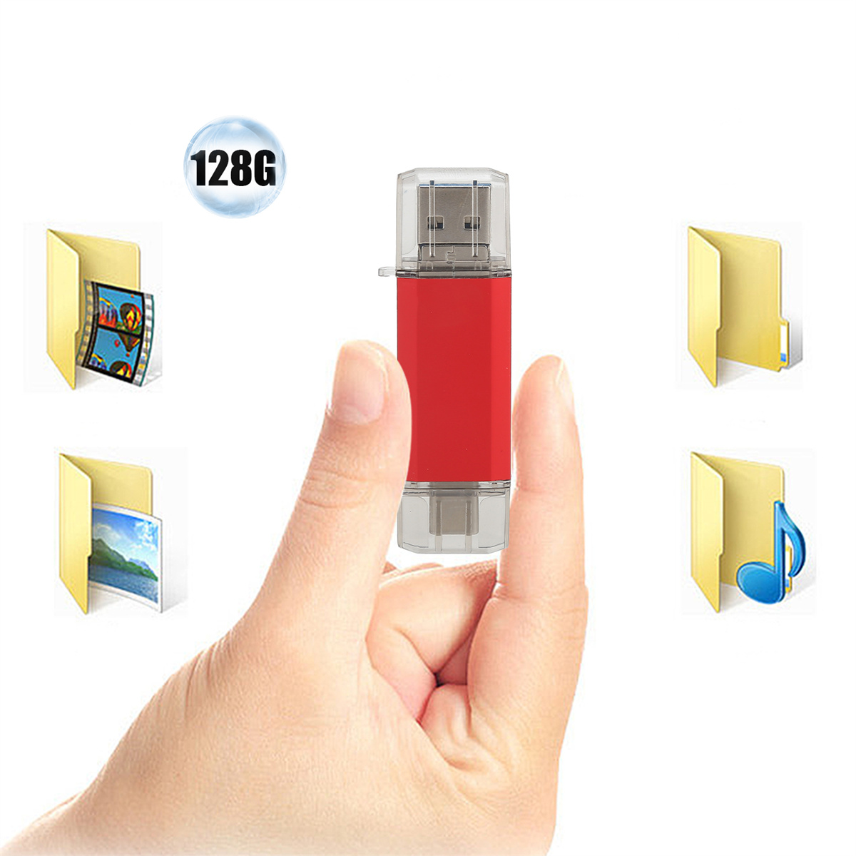 Ein roter und silberner USB-Stick wird in einer Hand gehalten. Symbole von Dateien und Ordnern werden angezeigt. 128G steht oben.