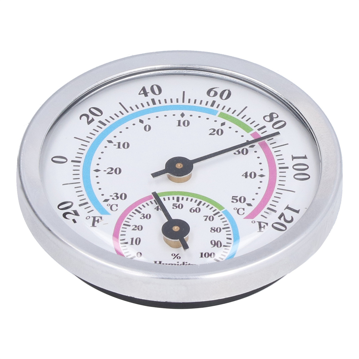 Runder analoger Hygrometer-Thermometer mit weißem Zifferblatt und silbernem Metallrand.