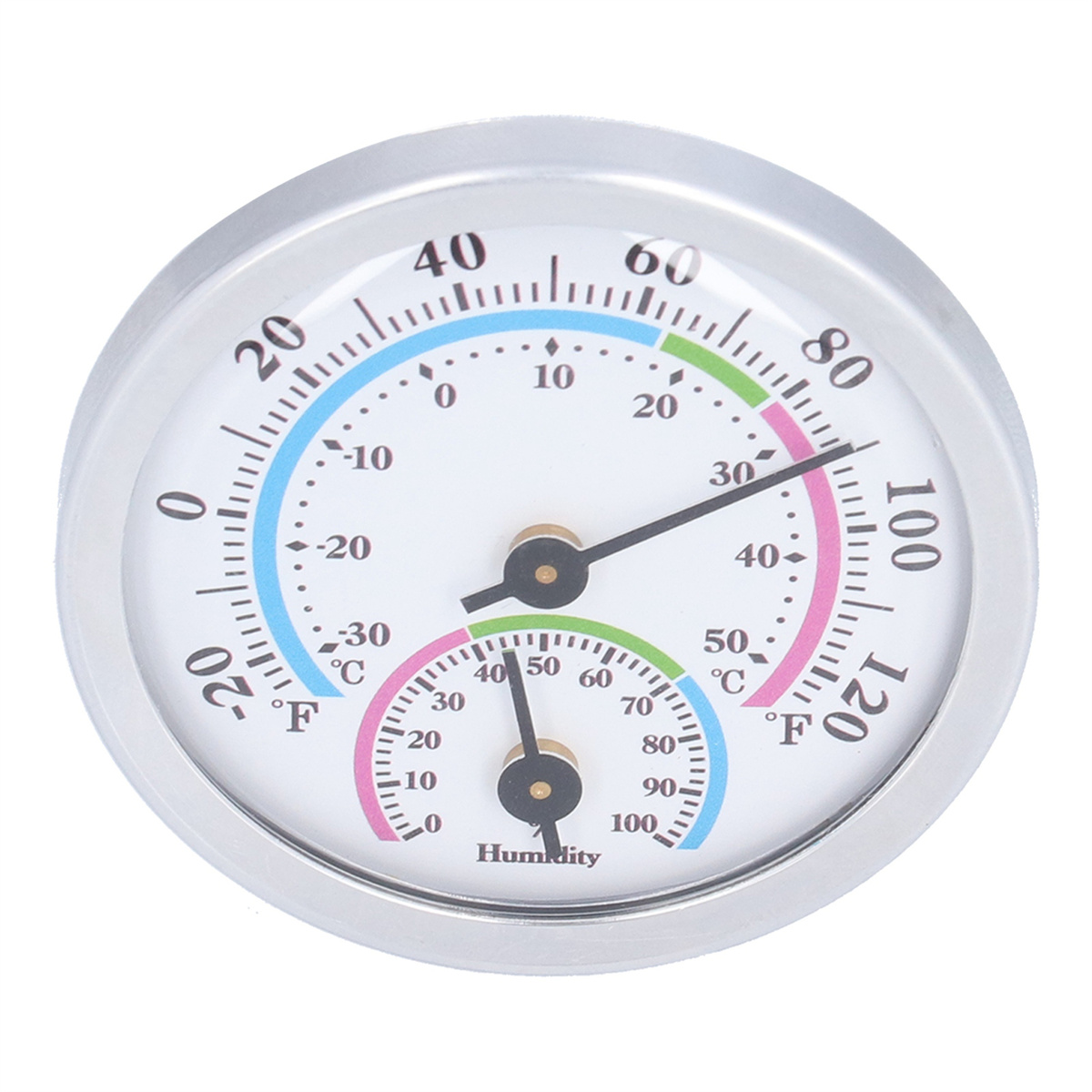 Rundes Thermometer mit Temperatur- und Feuchtigkeitsskalen, in Weiß und Blau, mit schwarzen Nadeln und Silberrahmen.