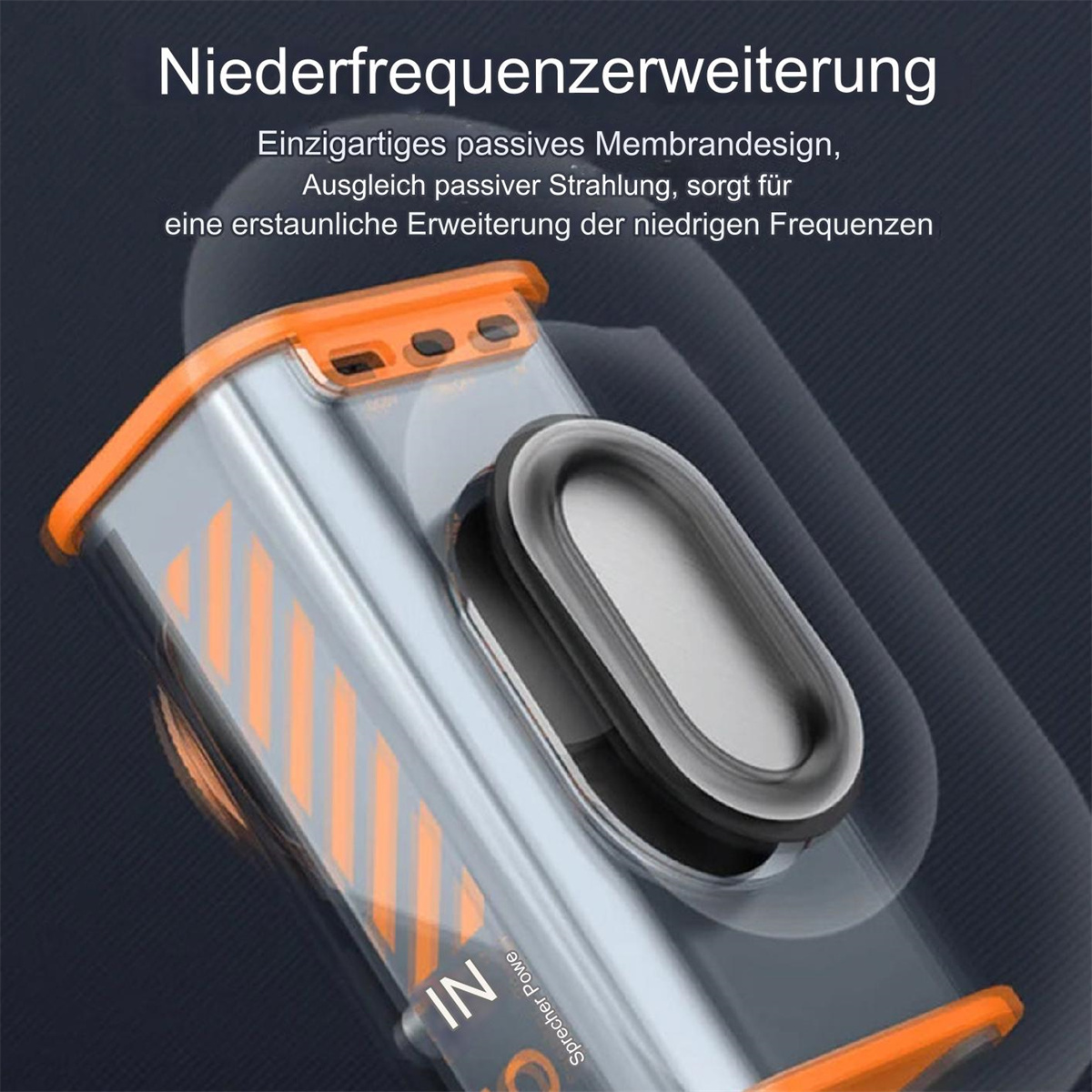 Nahaufnahme eines schwarz-silbernen Geräts mit ovalem Lautsprecher. Text auf Deutsch beschreibt die Funktionen.