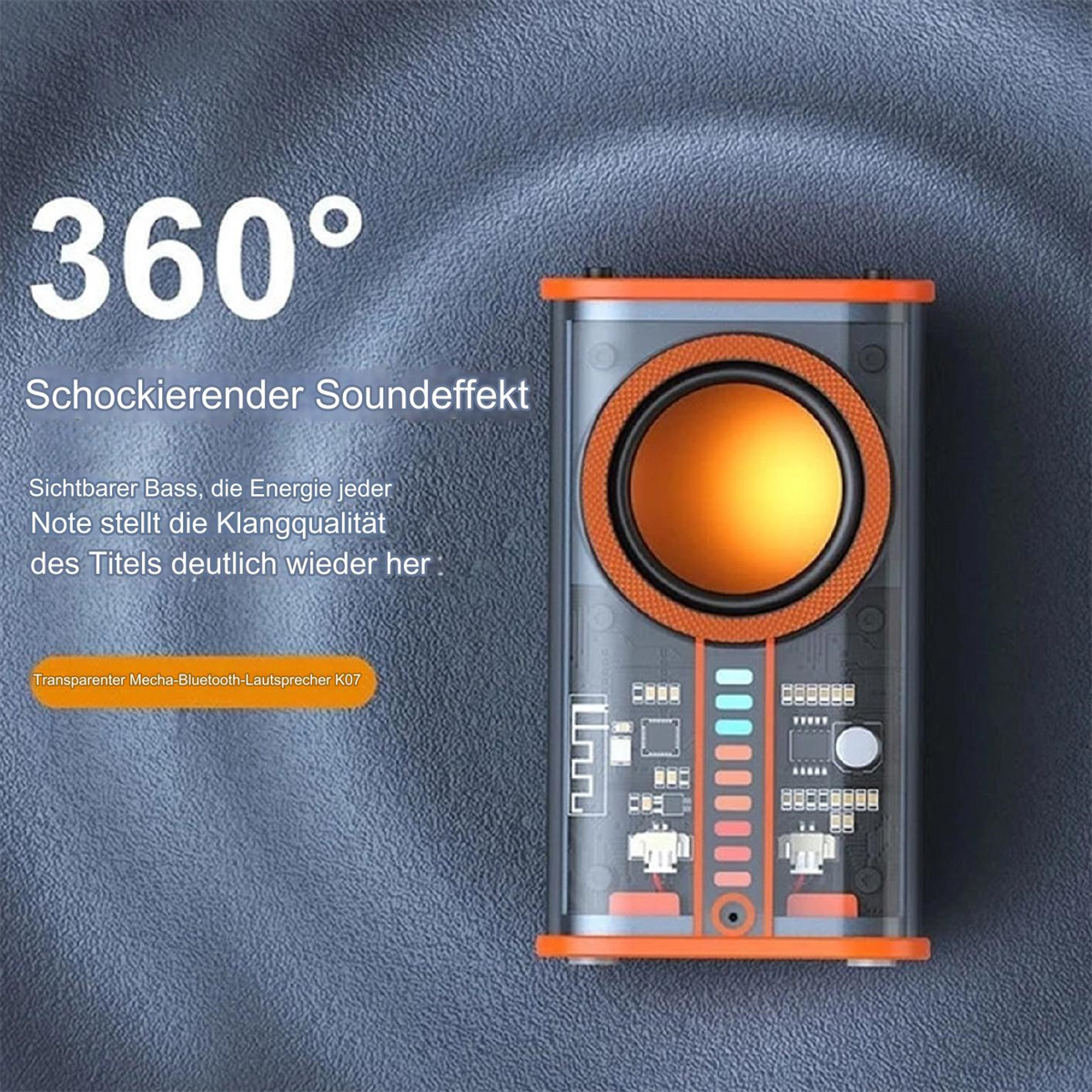Ein transparenter Lautsprecher mit orangefarbenen Akzenten. Verfügt über einen 360°-Soundeffekt.