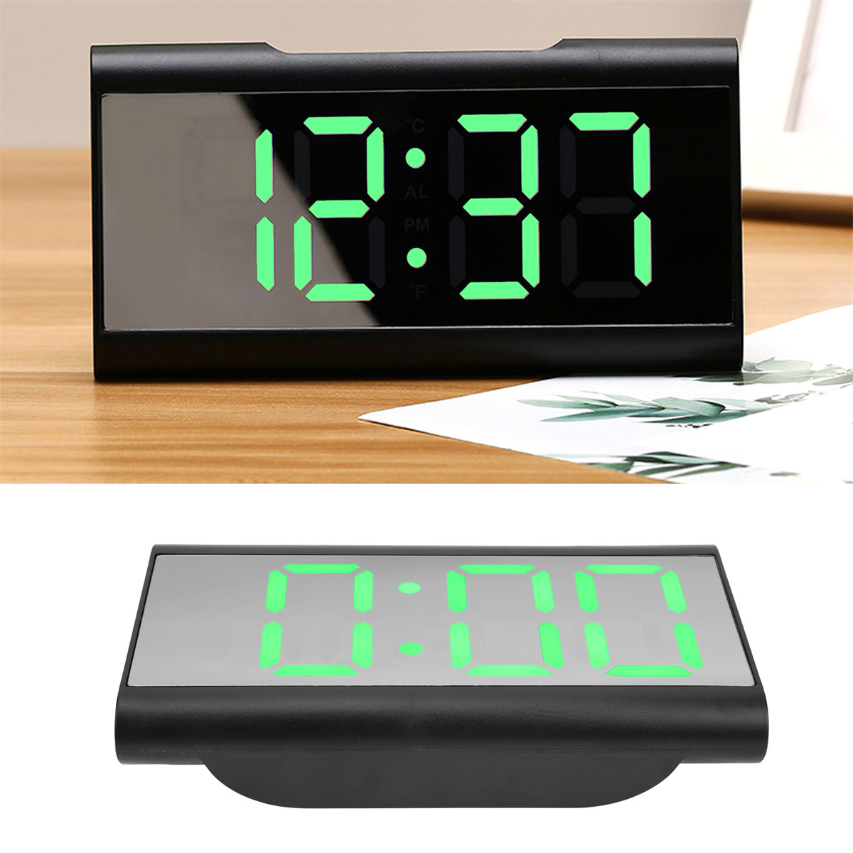 Eine schwarze Digitaluhr mit der Anzeige 12:37. Ein zweites Bild zeigt die Uhr bei 0:00, auf einem Holztisch.