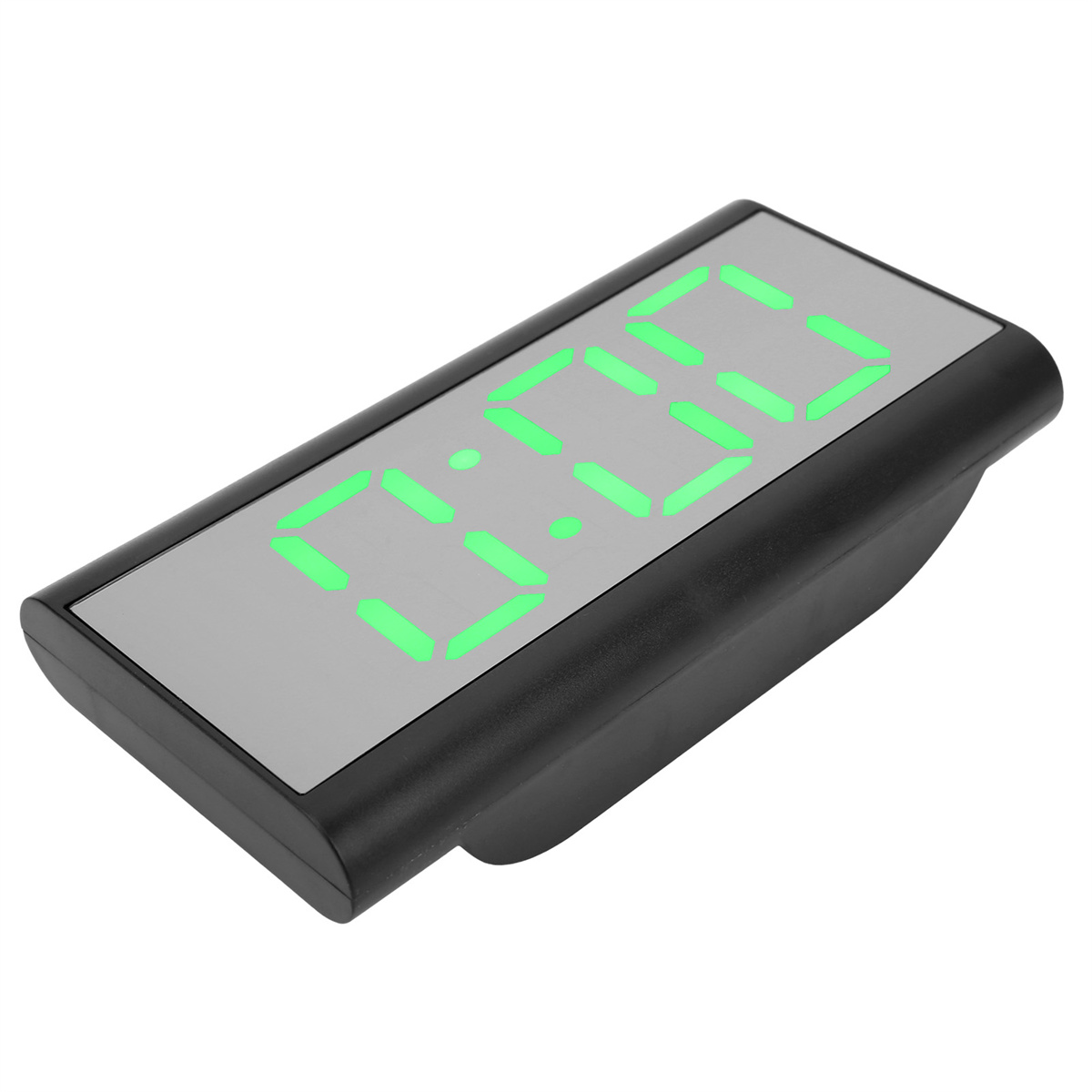 Eine schwarze Digitaluhr mit grünen Zahlen. Sie hat eine rechteckige Form und eine reflektierende Oberfläche.