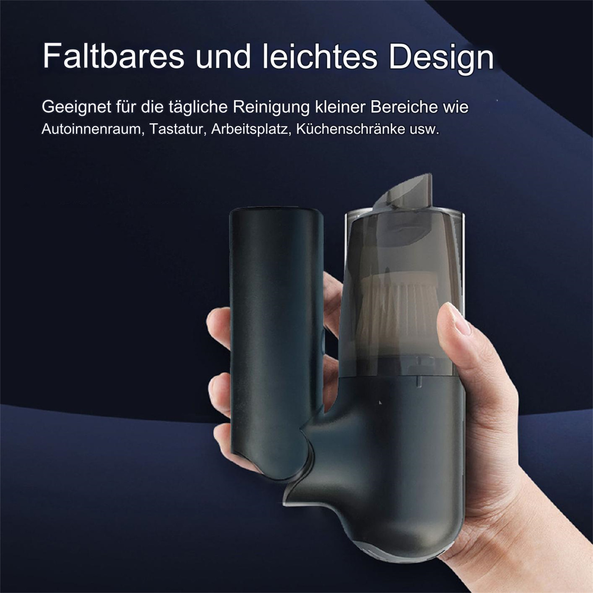 Ein schwarzer Staubsauger mit Bürste wird von einer Hand gehalten, mit Text drumherum.