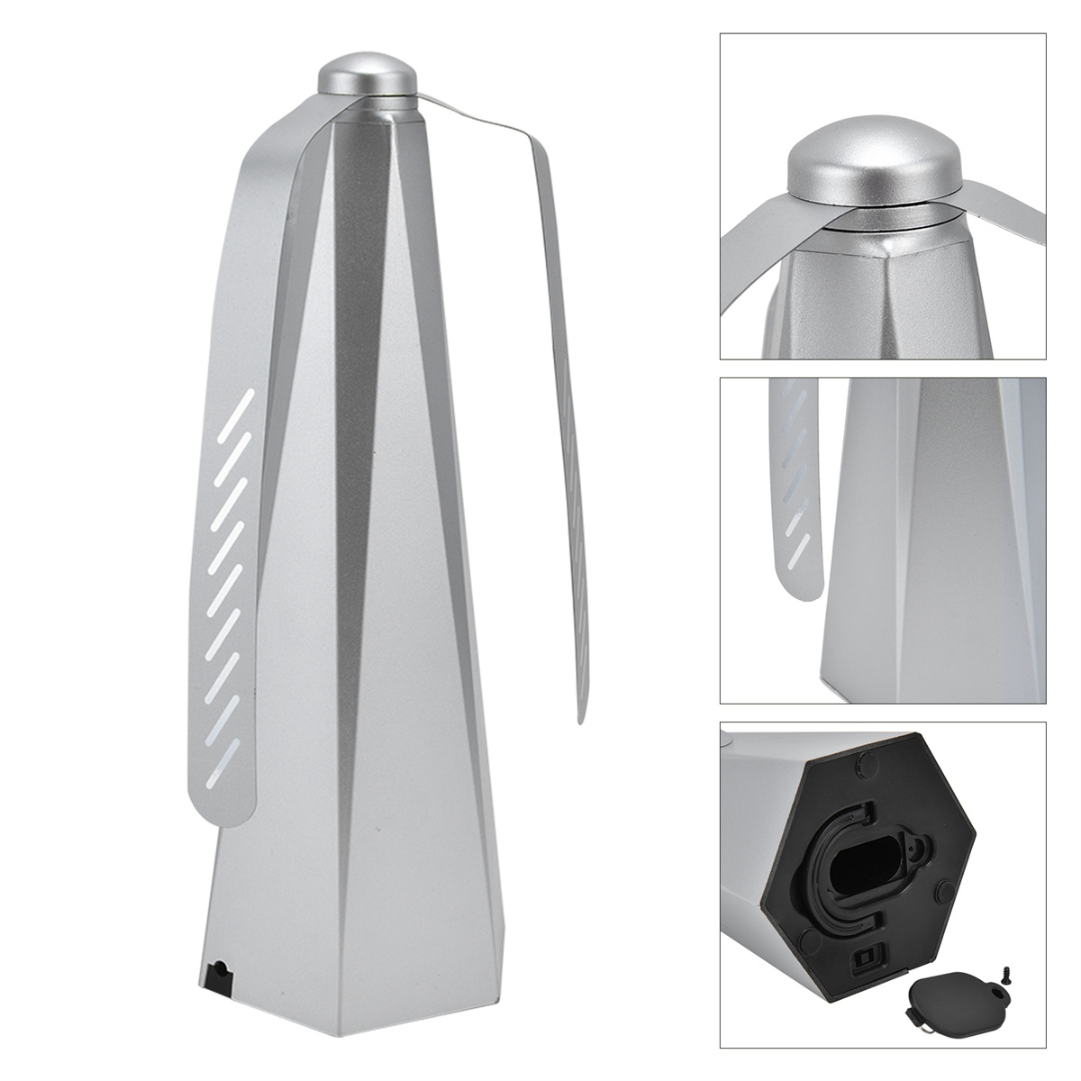 Ein silberner Ventilator mit einzigartigem Design. Zeigt den Ventilator aus verschiedenen Winkeln.
