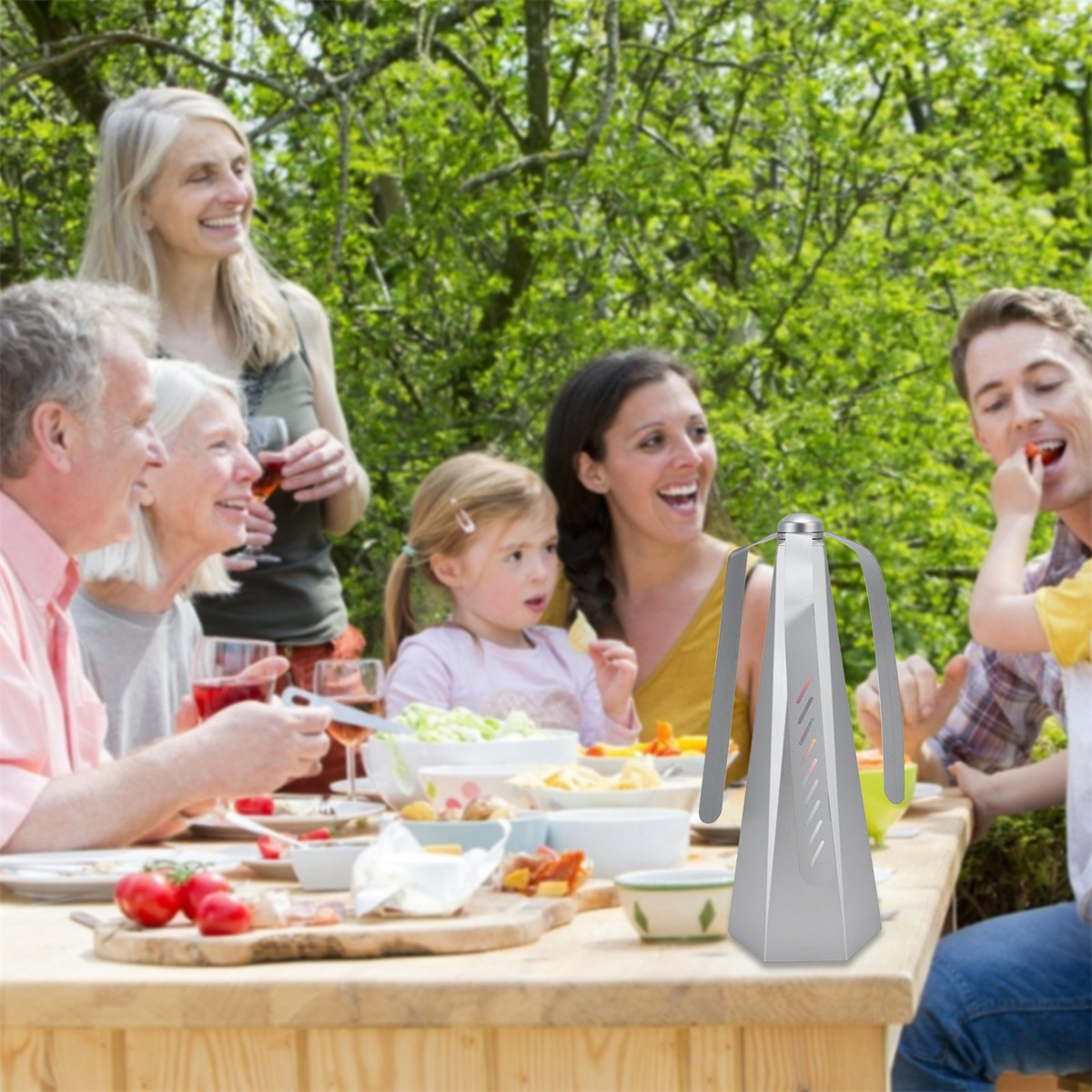 Gruppe von Leuten, die ein Essen an einem Picknicktisch mit einem silbernen Insektenschutzmittel genießen.
