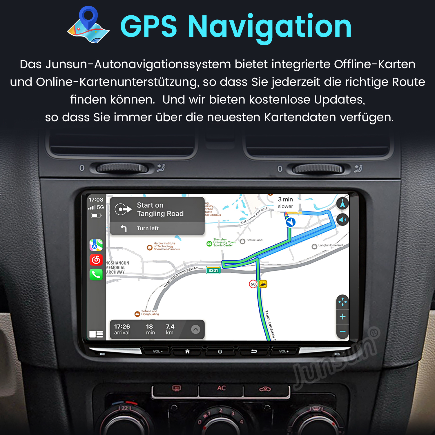 Armaturenbrett eines Autos mit GPS-Navigationsbildschirm und Text. Schwarze Innenausstattung.