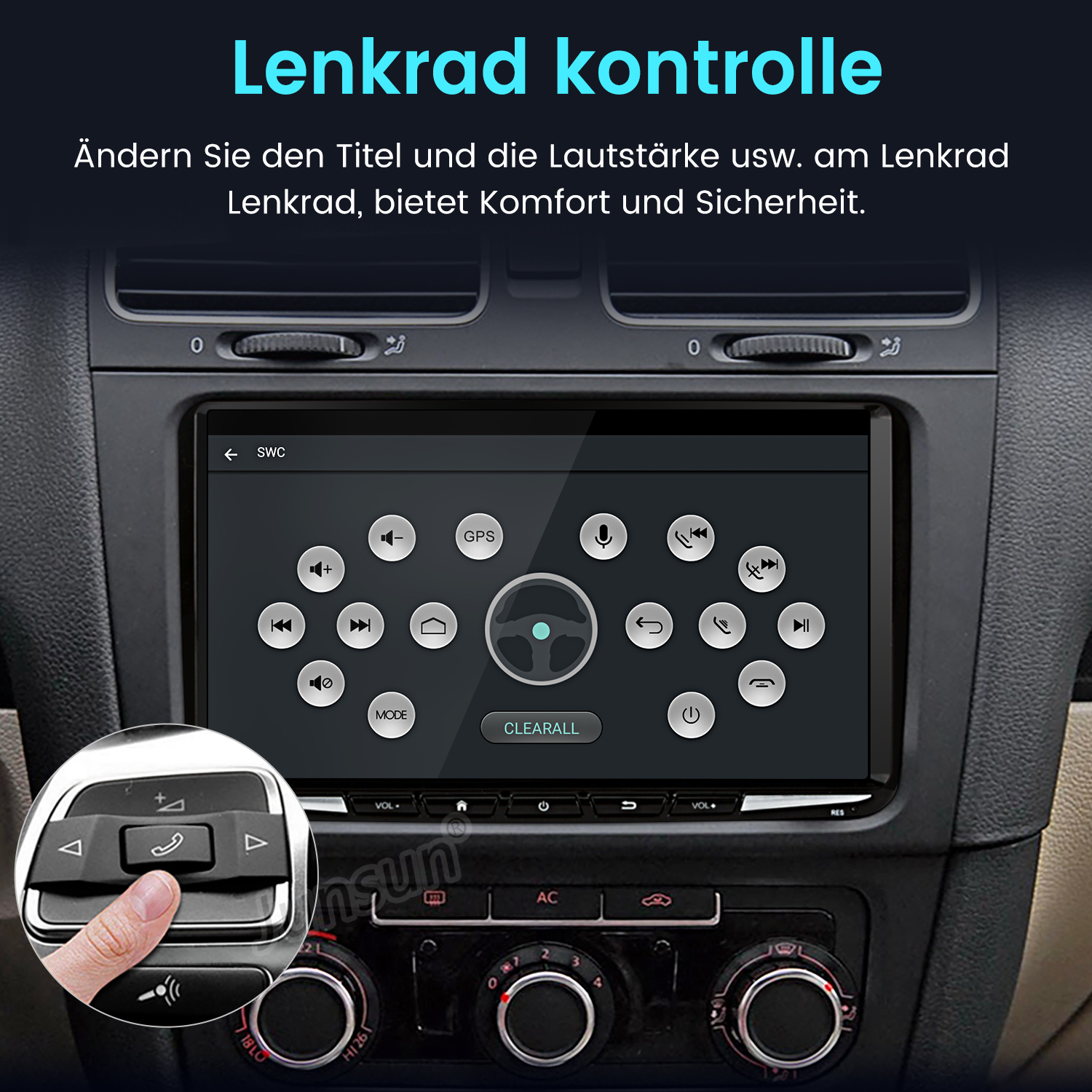 Auto-Armaturenbrett mit Bildschirm. Hand drückt Knopf am Lenkrad.