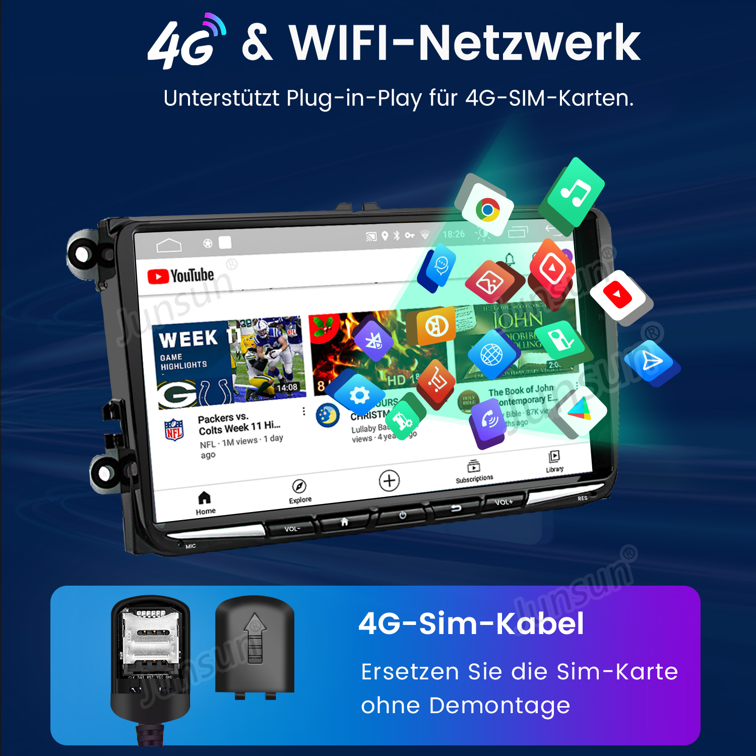 Auto-Entertainment-System. Ein Bildschirm mit Apps und Karten. Enthält 4G- und Wi-Fi-Funktionen.