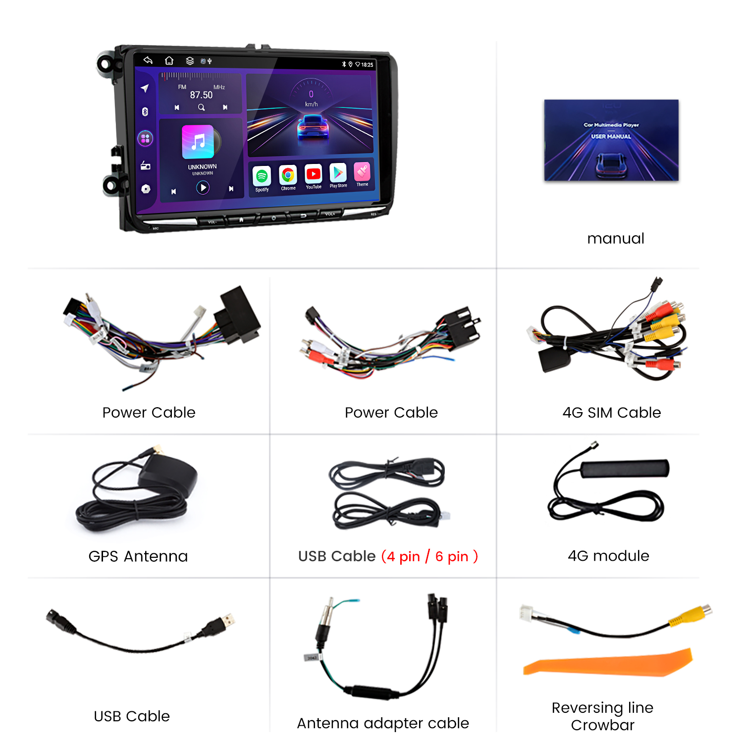 Ein Auto-Multimedia-Player mit Zubehör wie Kabeln, Antennen und einem Handbuch, alles vor weißem Hintergrund.